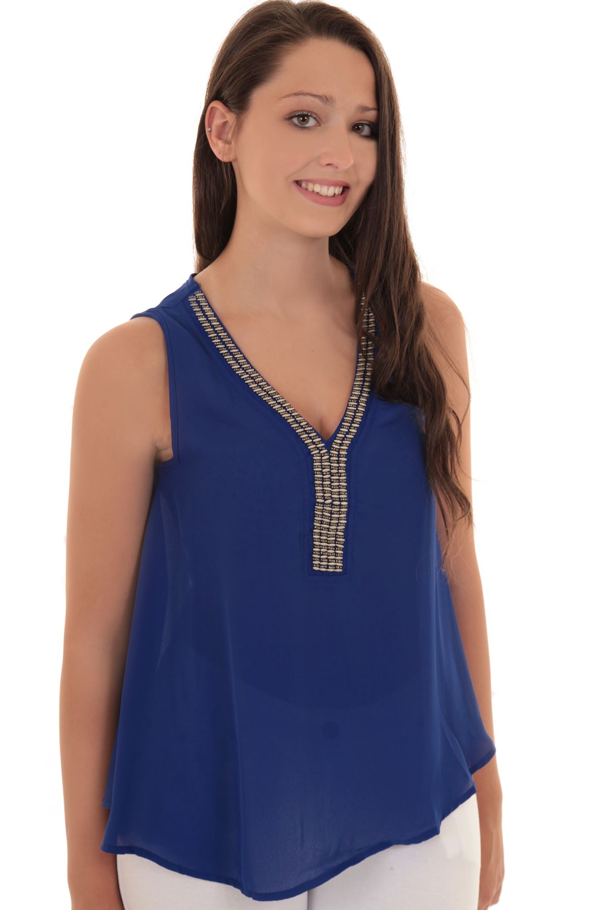Ladies Sleeveless Beaded Trim V Neck Semi Sheer Oversized Blouse Vest