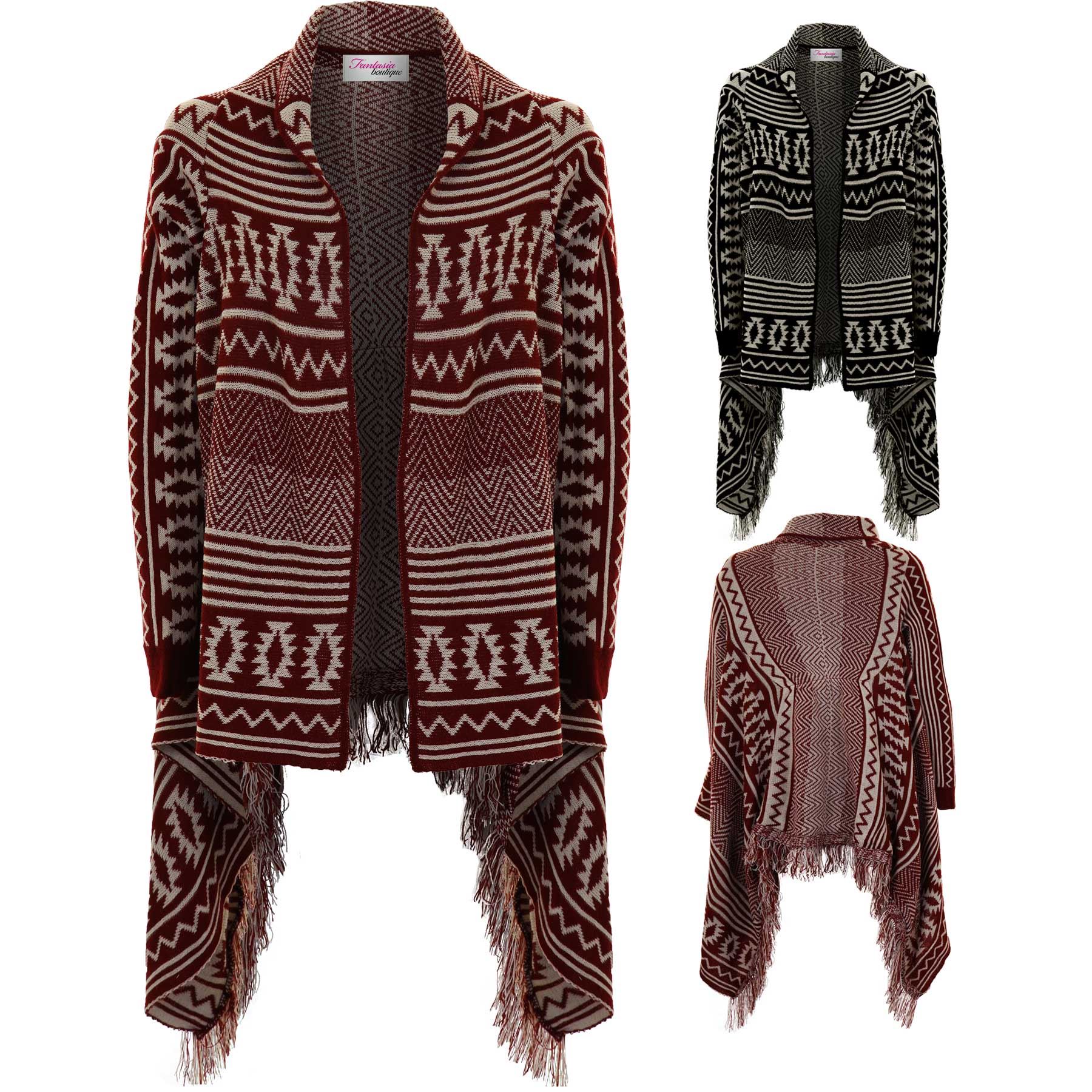 WOMENS LADIES PONCHO WRAP CAPE KNITTED AZTEC MONO PATTERN SHAWL KIMONO CARDIGAN