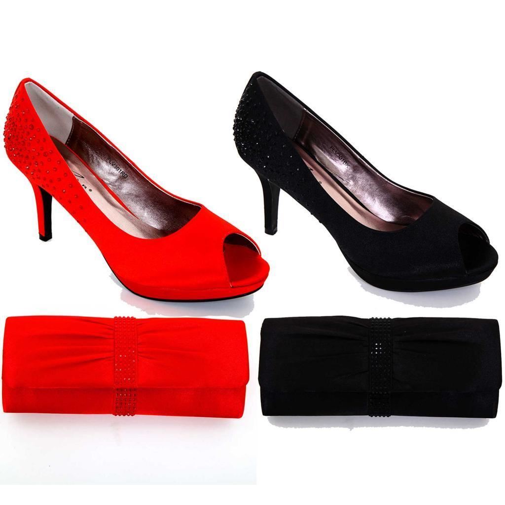 Ladies Smart PeepToe Diamantie Strip Satin Womens Heels Clutch Purse Bag
