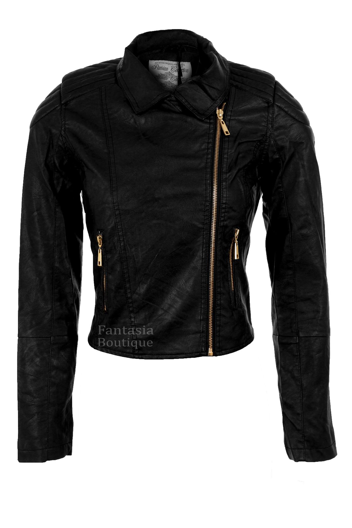 Ladies Black Biker Jacket Gold Zip PVC Leather Padded Shoulder Women's