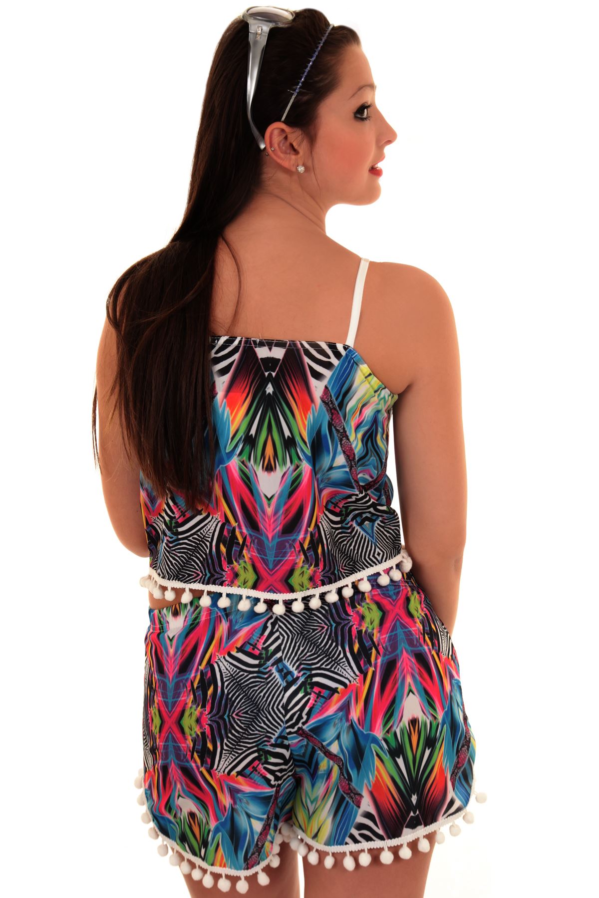 Pom Pom Bobble Trim Zebra Aztec Co Ord Shorts Cami pom pom bobble trim zebra aztec co ord shorts cami
