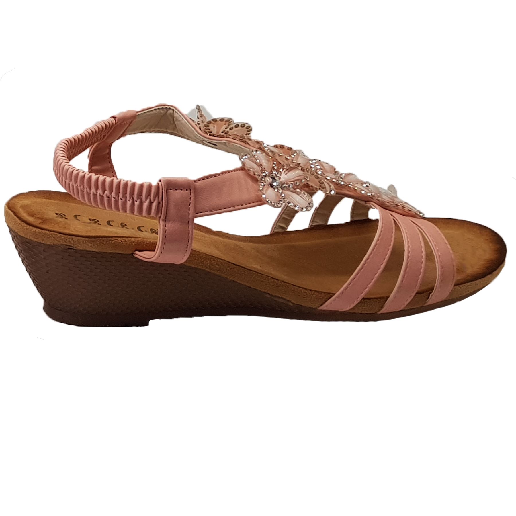 Womens Padded Insole Floral Diamante Sling Back Strap Low Wedge Sandals