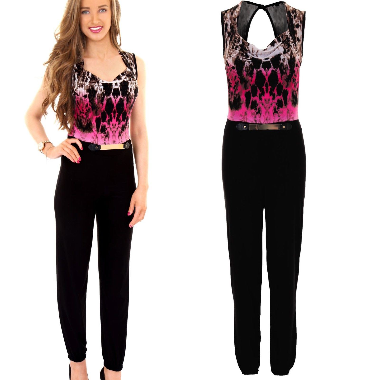 Ladies Sleeveless Cut Out Back Cowl Ruffle Neck Tie Dye Print Women/'s Jumpsuit