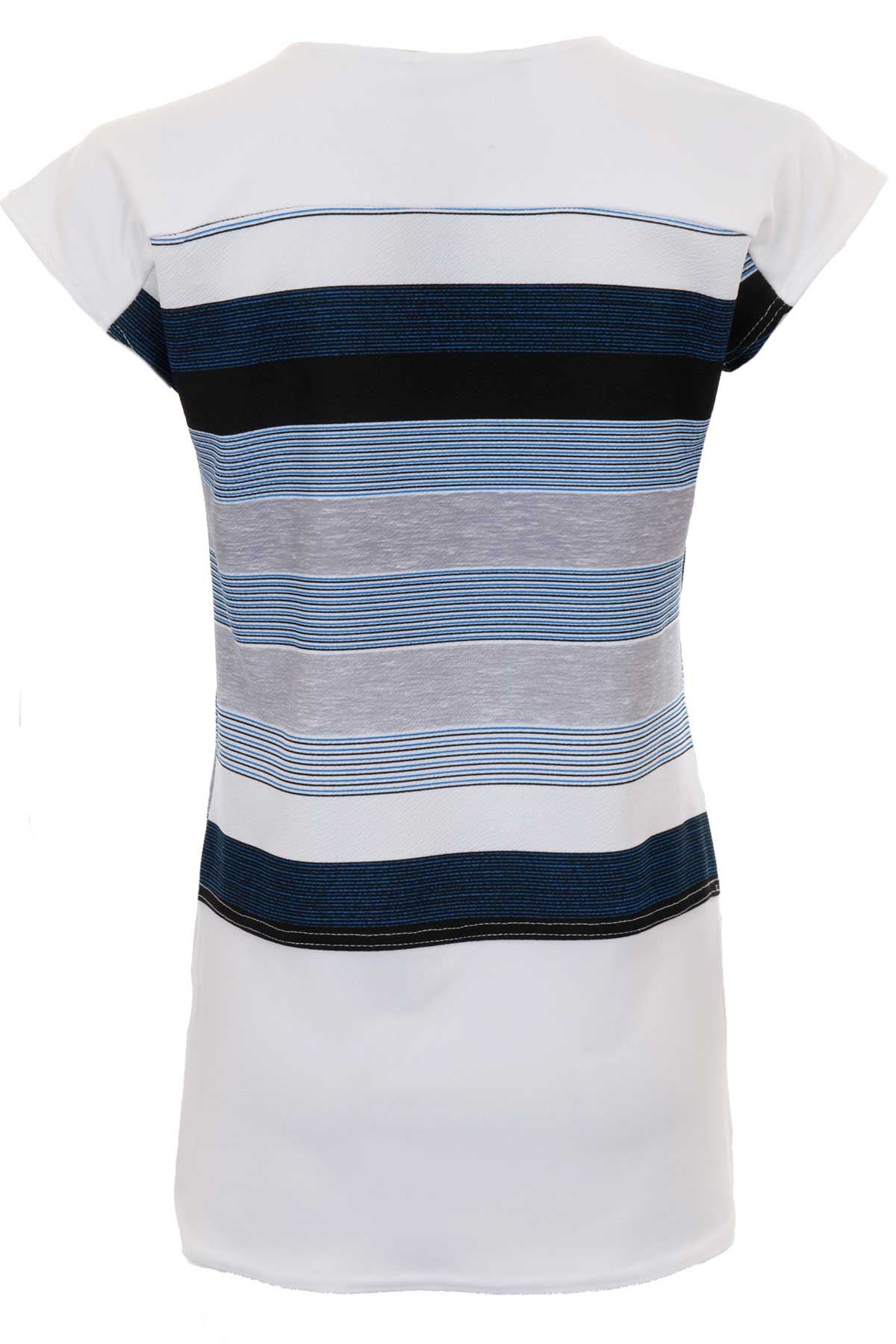 Ladies Cap Sleeve Contrast Crepe Stripe Side Slit Curved Block Hem Top T-Shirt