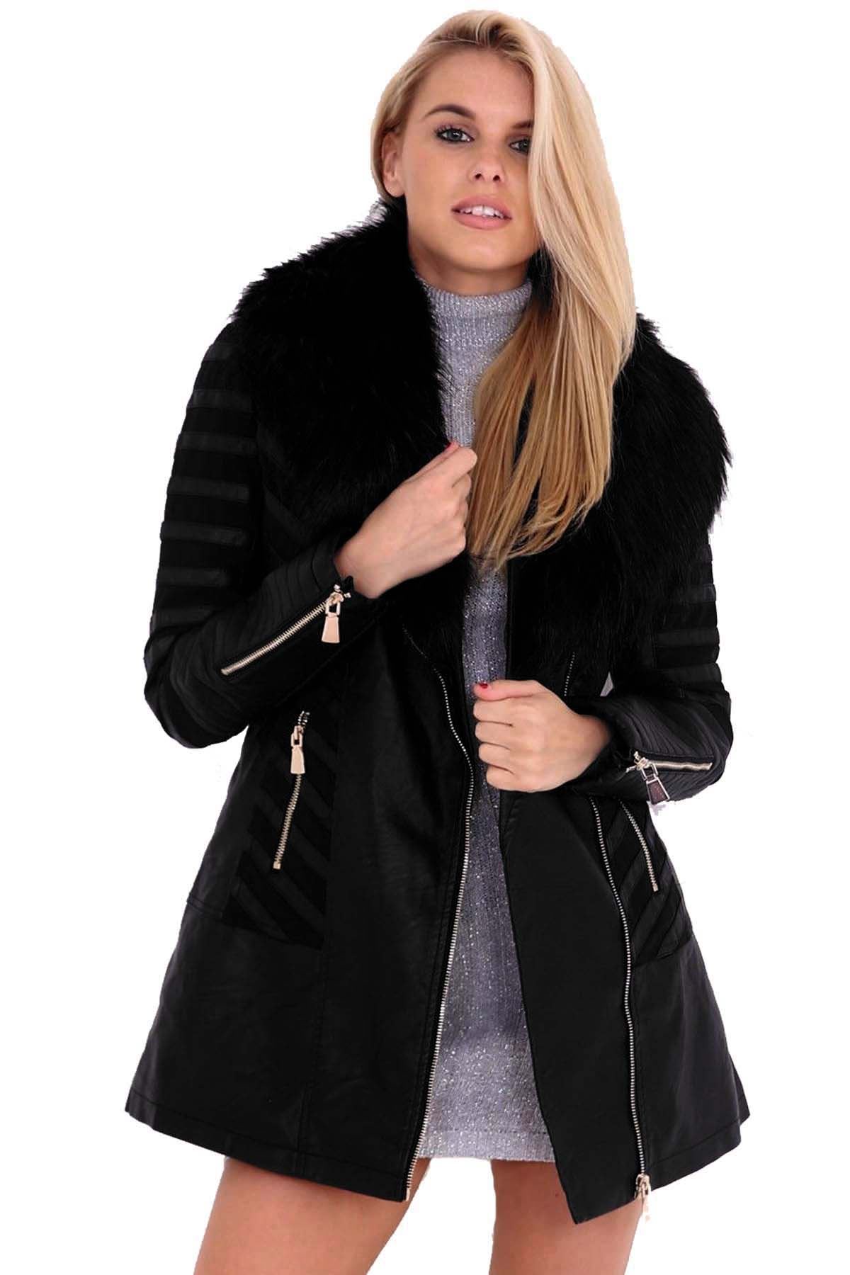 Ladies Faux PVC Leather Fur Collar Mesh Insert Long PU Zipper Coat