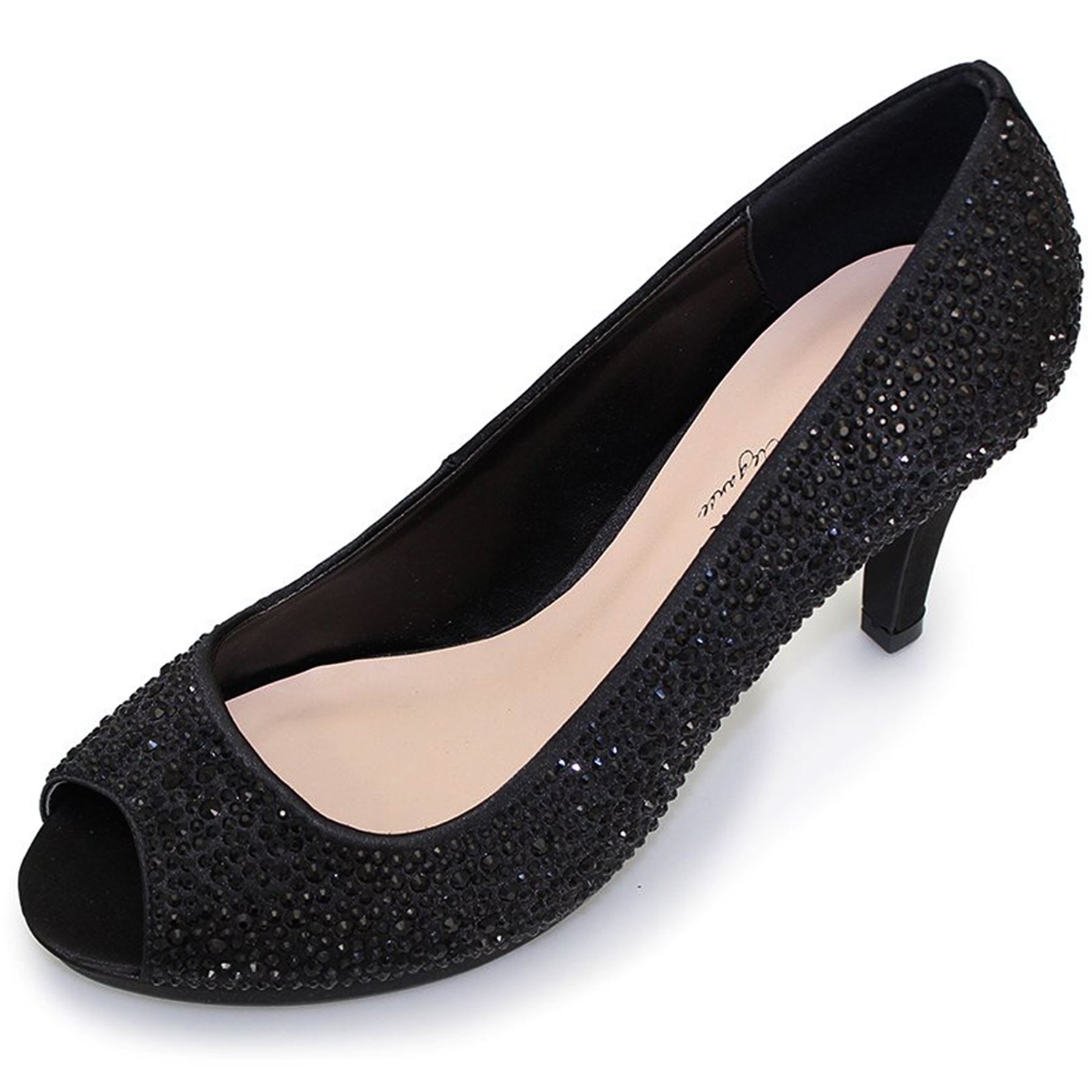 FLR299 Melody Ladies Peep Toe Diamante Small Heel Slip On Court Shoes Heels | eBay