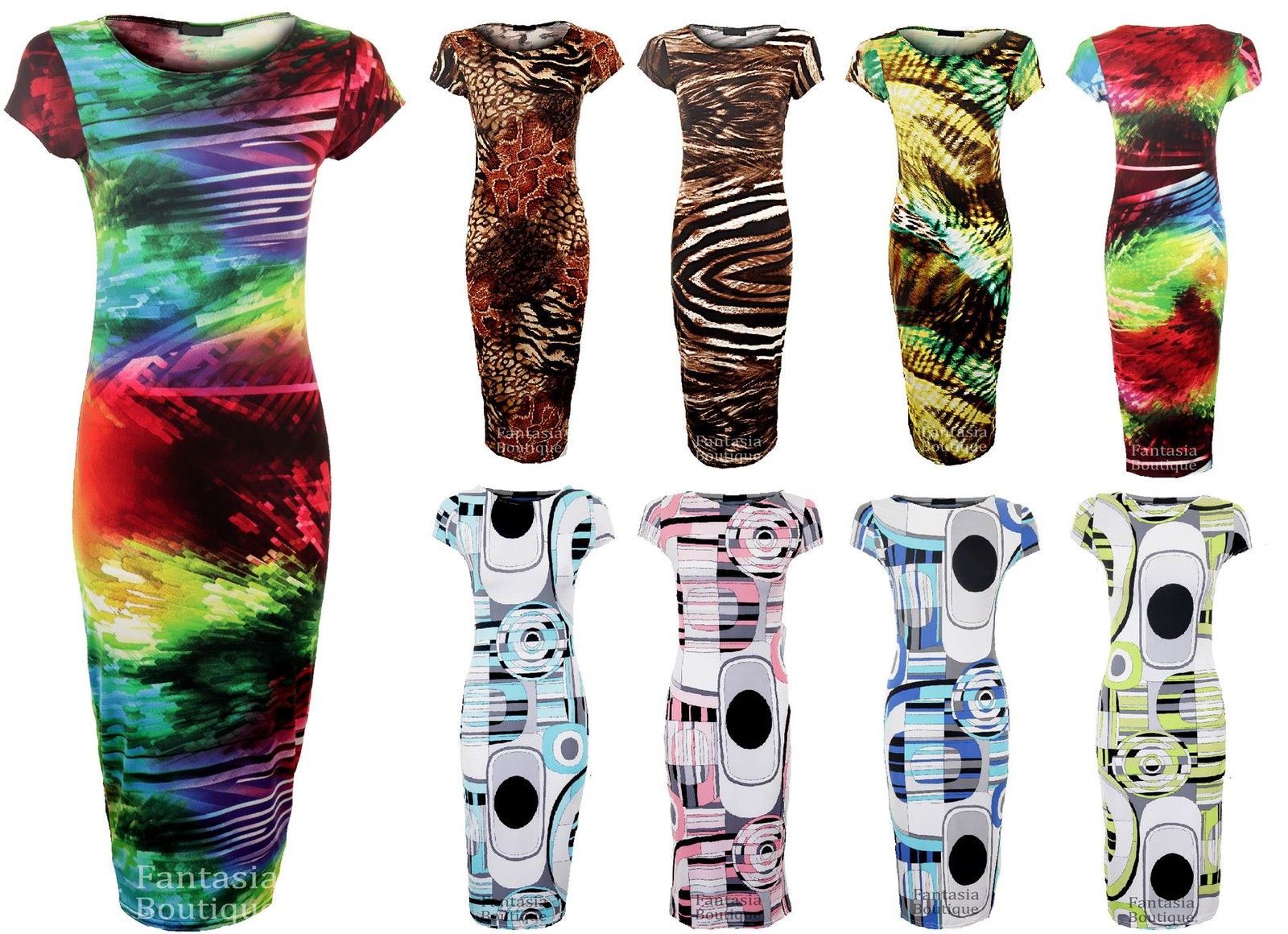 Women/'s Circle Print Midi Stretch Cap Sleeve Ladies Bodycon Dress