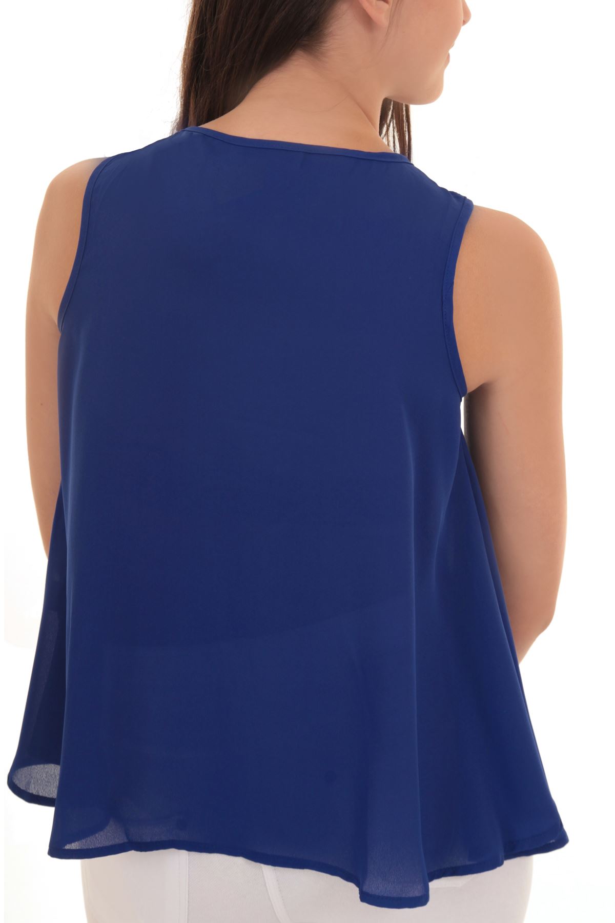 Ladies Sleeveless Beaded Trim V Neck Semi Sheer Oversized Blouse Vest