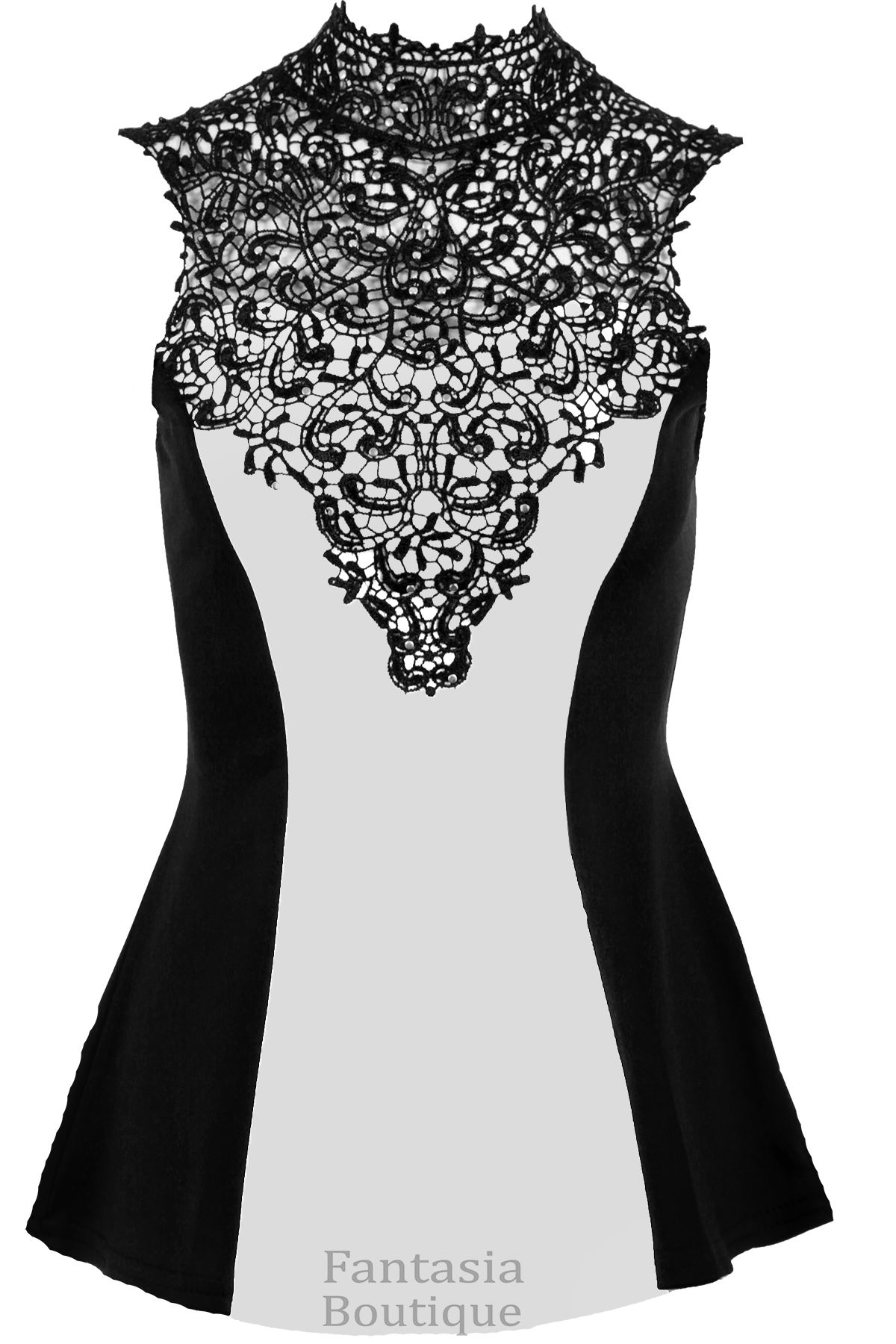 Ladies Sleeveless Floral Crochet Studded High Neck Contrast Flared Peplum Top