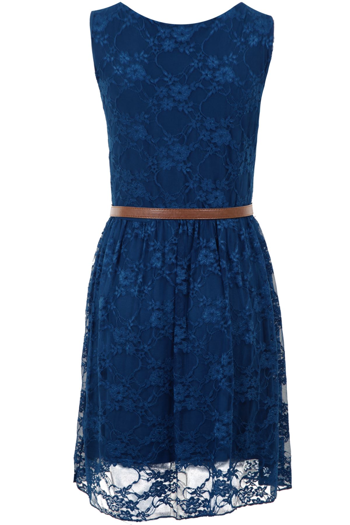Ladies Celeb Franki Sleeveless Belted Mesh Lace Lined Floral Skater Party Dress