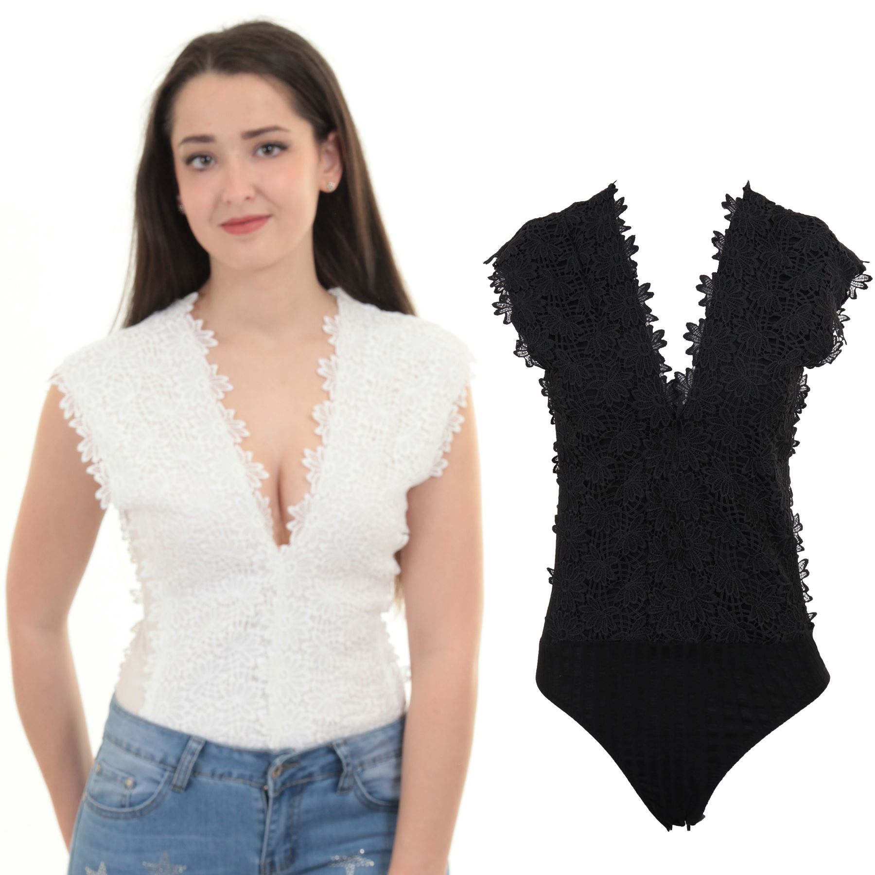 Womens Plunge V Neck Back Sleeveless Lined Floral Lace Leotard Bodysuit Top