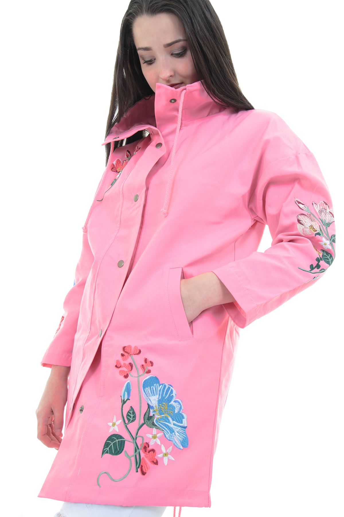 Ladies Long Sleeve Canvas Floral Embroidered Parka Lightweight Jacket