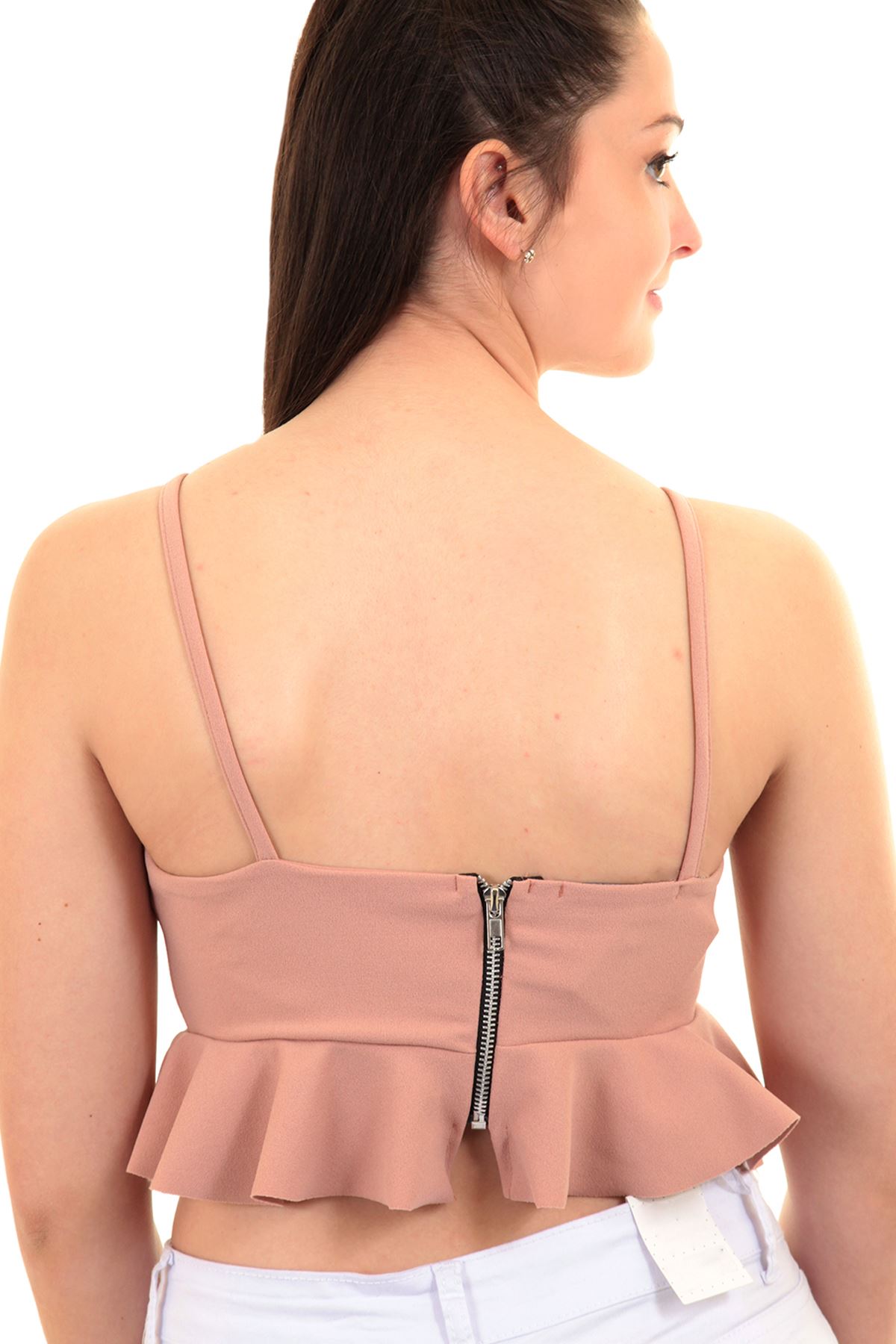 Womens Cami Strappy Peplum Frill Ruffle Plain Zip Back Lined Crop Top Bralet