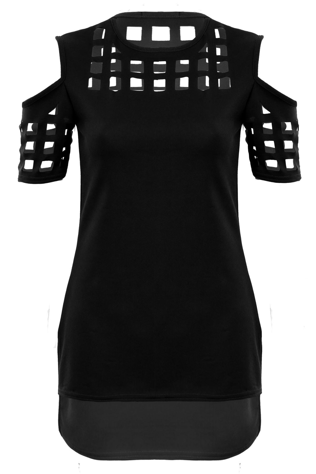 Womens Cold Shoulder High Low Caged Style Laser Cut Textured Mini Dress Tunic