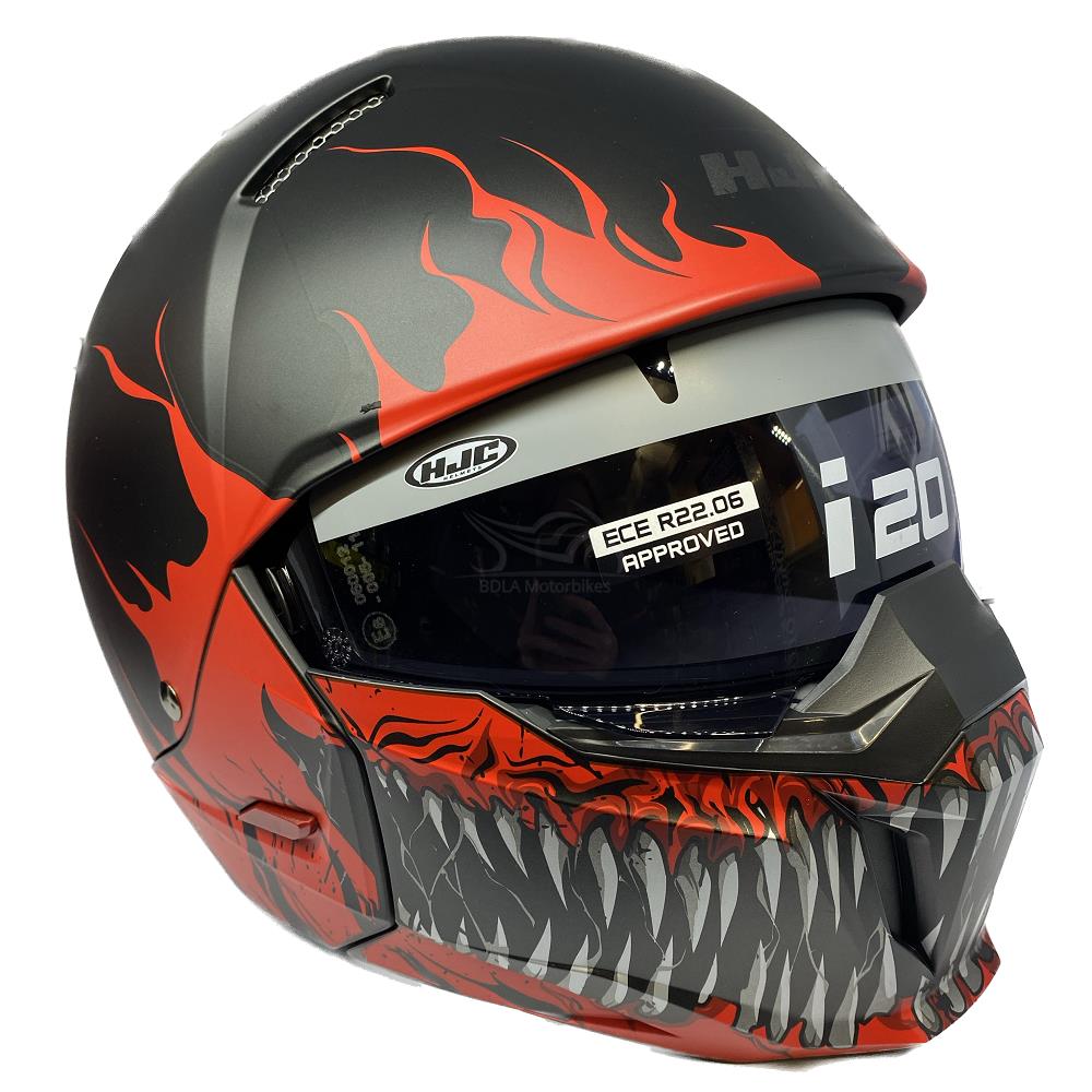 HJC I20 Scraw Convertible Motorcycle Helmet Skull Open Face Mask Black Red - Picture 7 of 10
