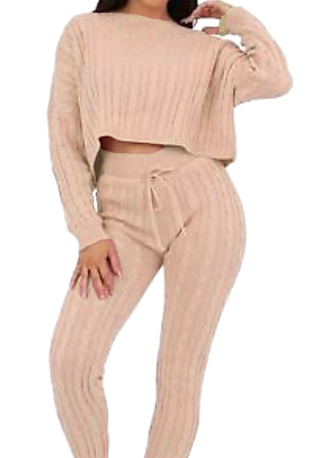 Femme Câble Tricot de détente Baggy Crop Top Casual Costume 2pcs Survêtement Set Femme Câble Tricot de détente Baggy Crop Top Casual Costume 2pcs Survêtement Set