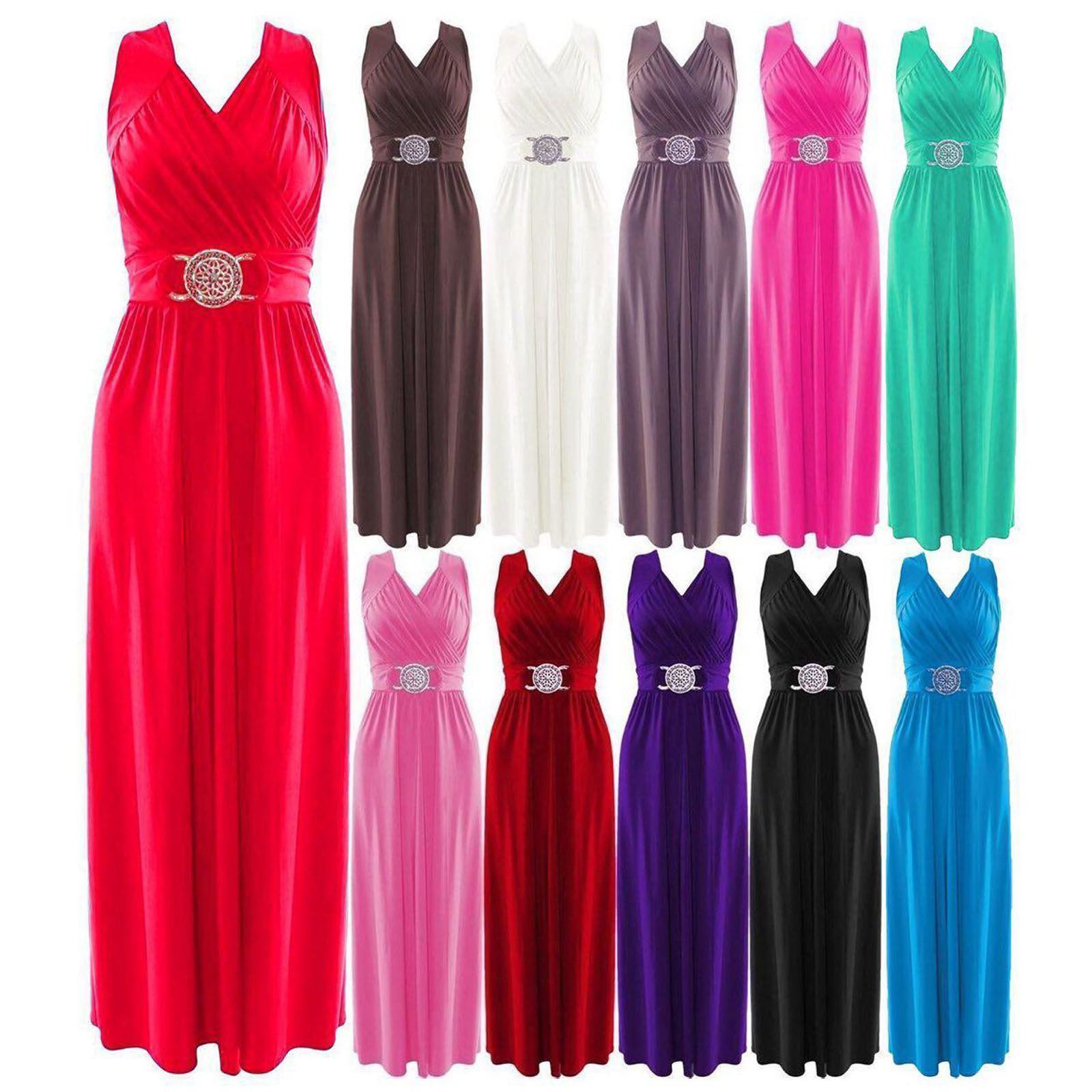 Womens Ladies Long Buckle Sleeveless Party Evening Maxi Wrapover Dress Plus Size