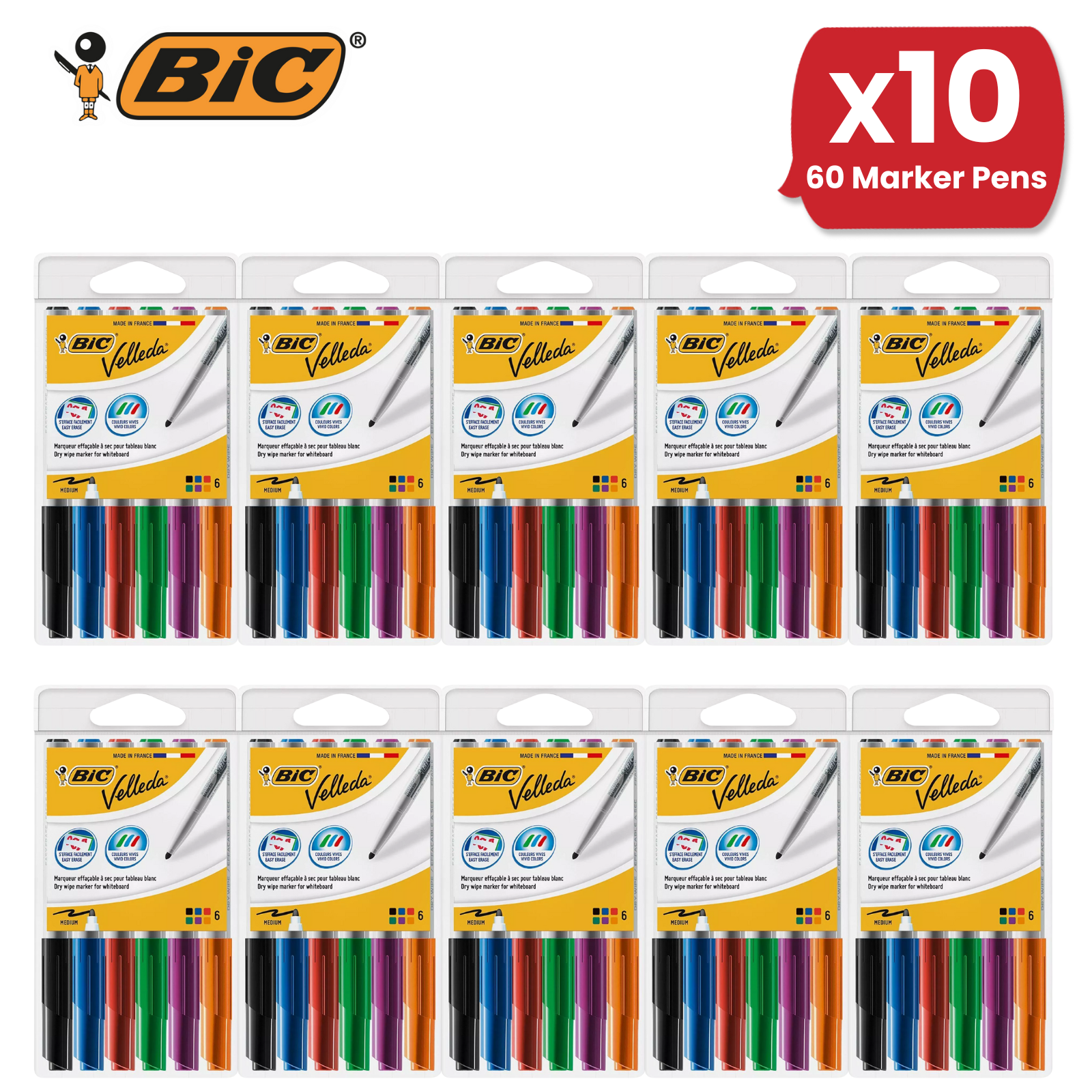 BIC Velleda Dry Wipe Whiteboard Markers Assorted Colors, Medium Tip - Pack of 6 - Picture 12 of 15