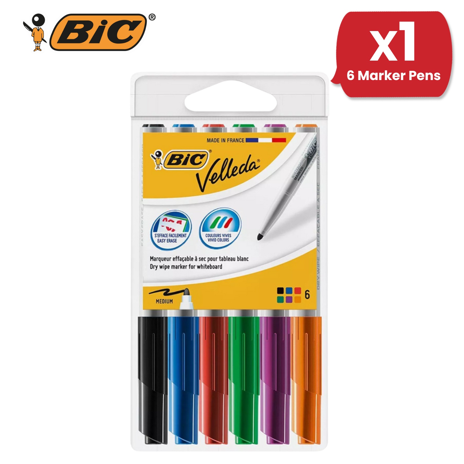 BIC Velleda Dry Wipe Whiteboard Markers Assorted Colors, Medium Tip - Pack of 6 - Picture 6 of 15