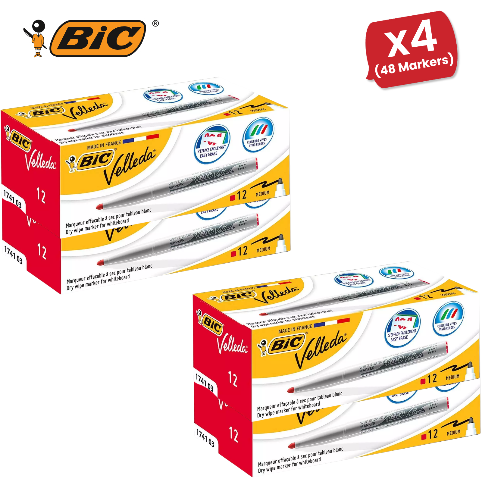 Bic Velleda 1741 Whiteboard Drywipe Markers Red – Long-Lasting Pens Box of 12 - Picture 12 of 13