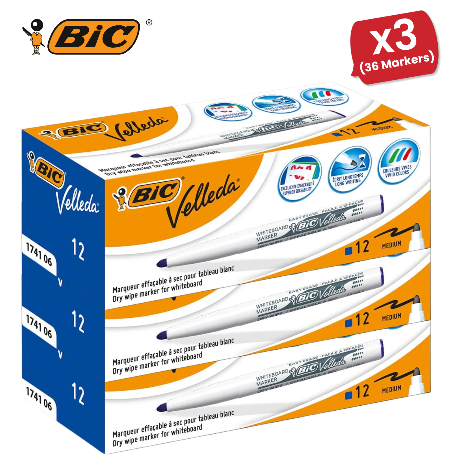 Bic Velleda 1741 Blue Whiteboard Markers for Smooth Whiteboard Writing Box of 12 - Picture 11 of 13