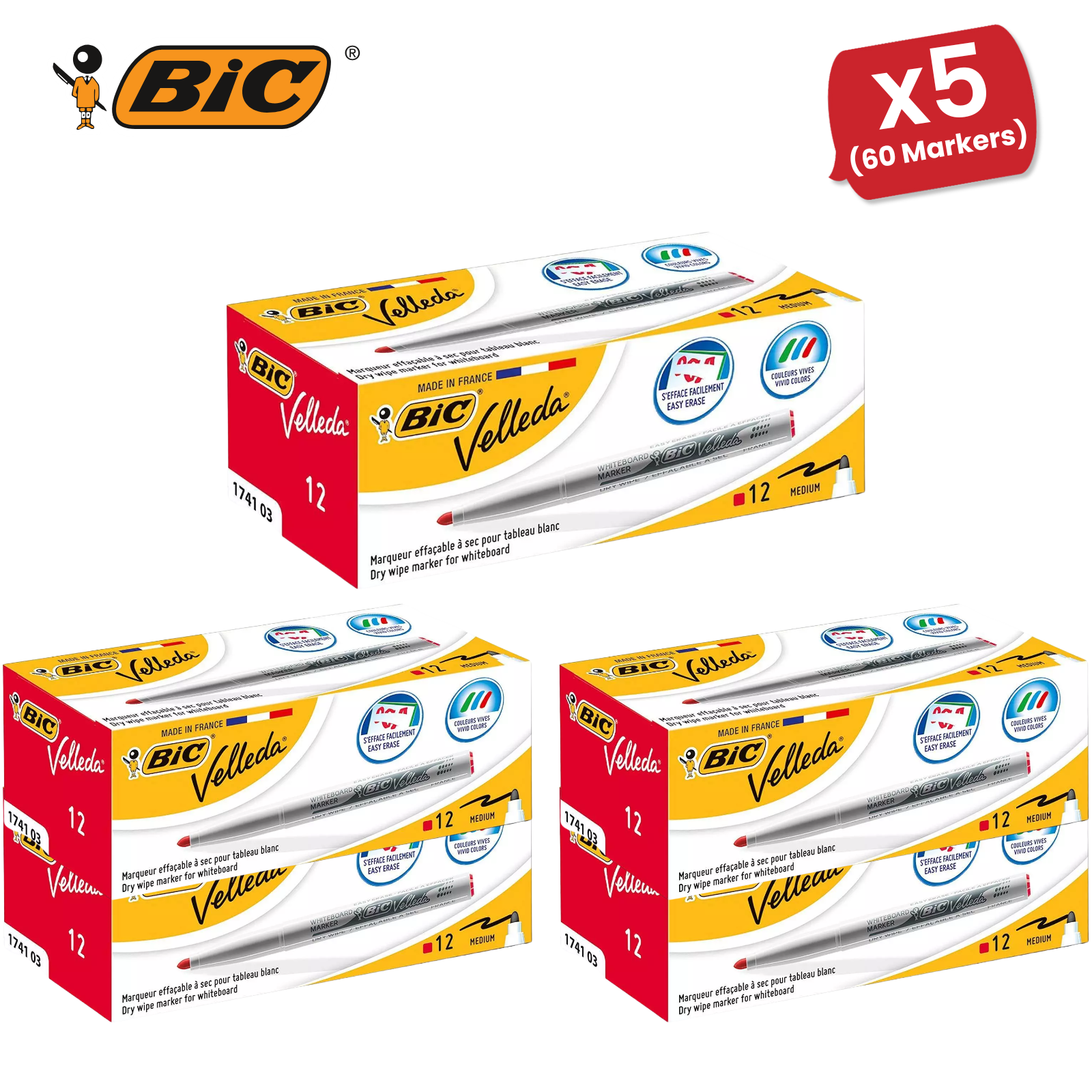 Bic Velleda 1741 Whiteboard Drywipe Markers Red – Long-Lasting Pens Box of 12 - Picture 13 of 13