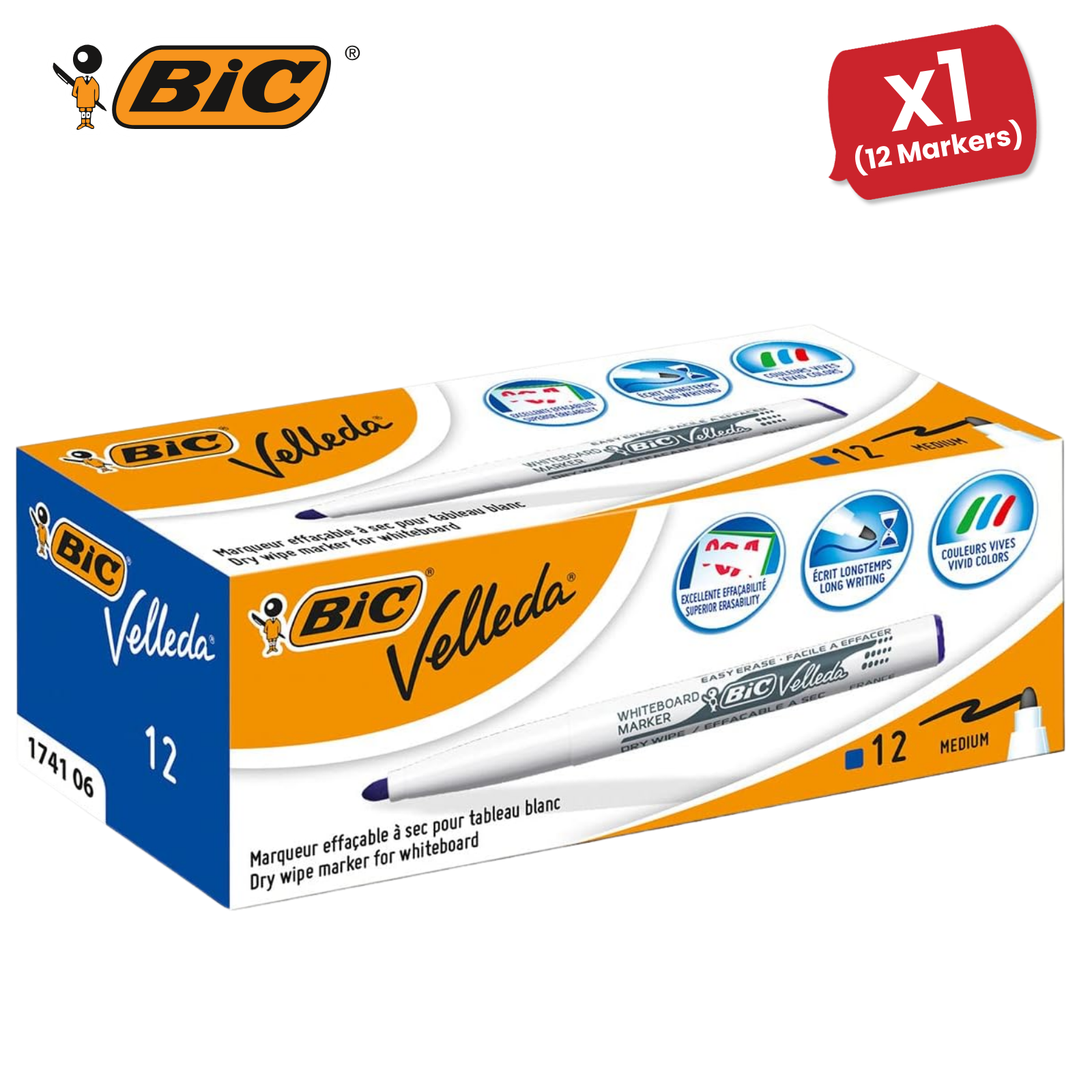 Bic Velleda 1741 Blue Whiteboard Markers for Smooth Whiteboard Writing Box of 12 - Picture 9 of 13