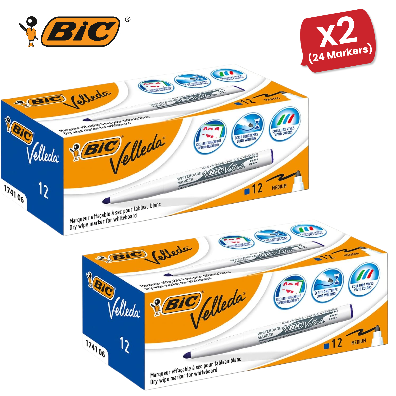 Bic Velleda 1741 Blue Whiteboard Markers for Smooth Whiteboard Writing Box of 12 - Picture 10 of 13