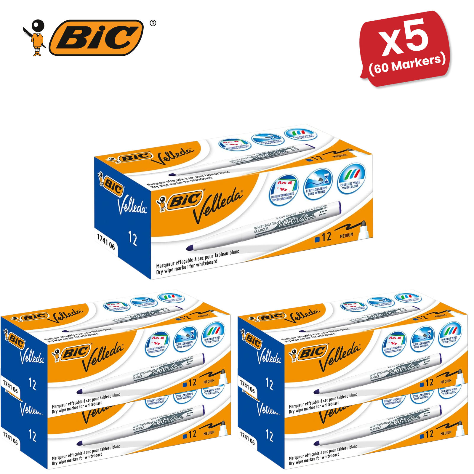 Bic Velleda 1741 Blue Whiteboard Markers for Smooth Whiteboard Writing Box of 12 - Picture 13 of 13