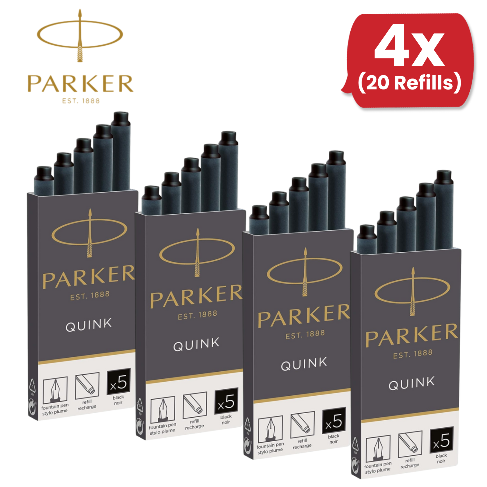 Parker Quink Black Ink Cartridges Fountain Pen Refill, Smooth Flow - Box of 5 - Picture 9 of 11