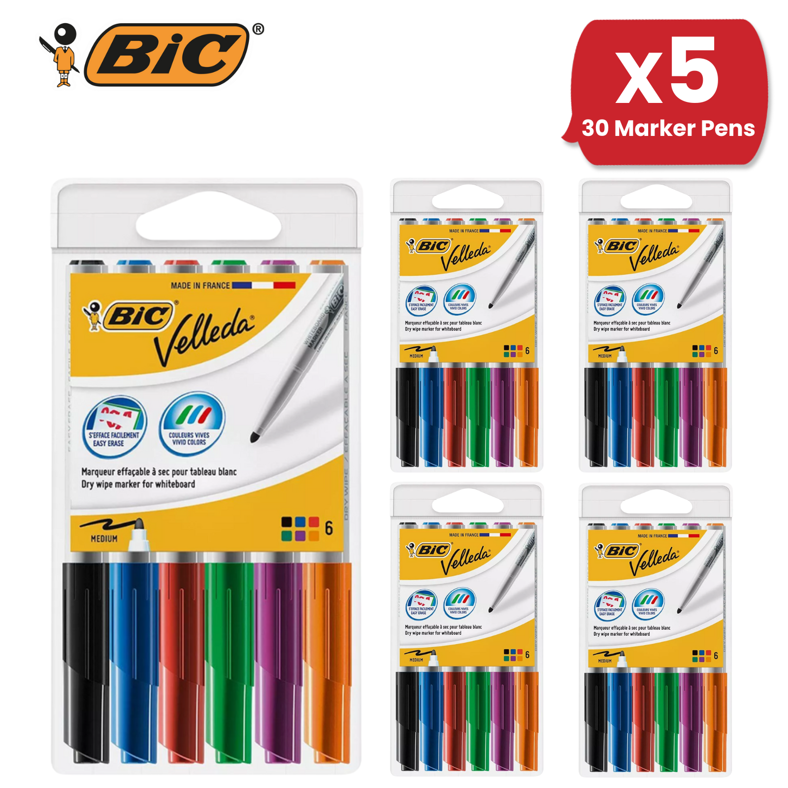BIC Velleda Dry Wipe Whiteboard Markers Assorted Colors, Medium Tip - Pack of 6 - Picture 10 of 15