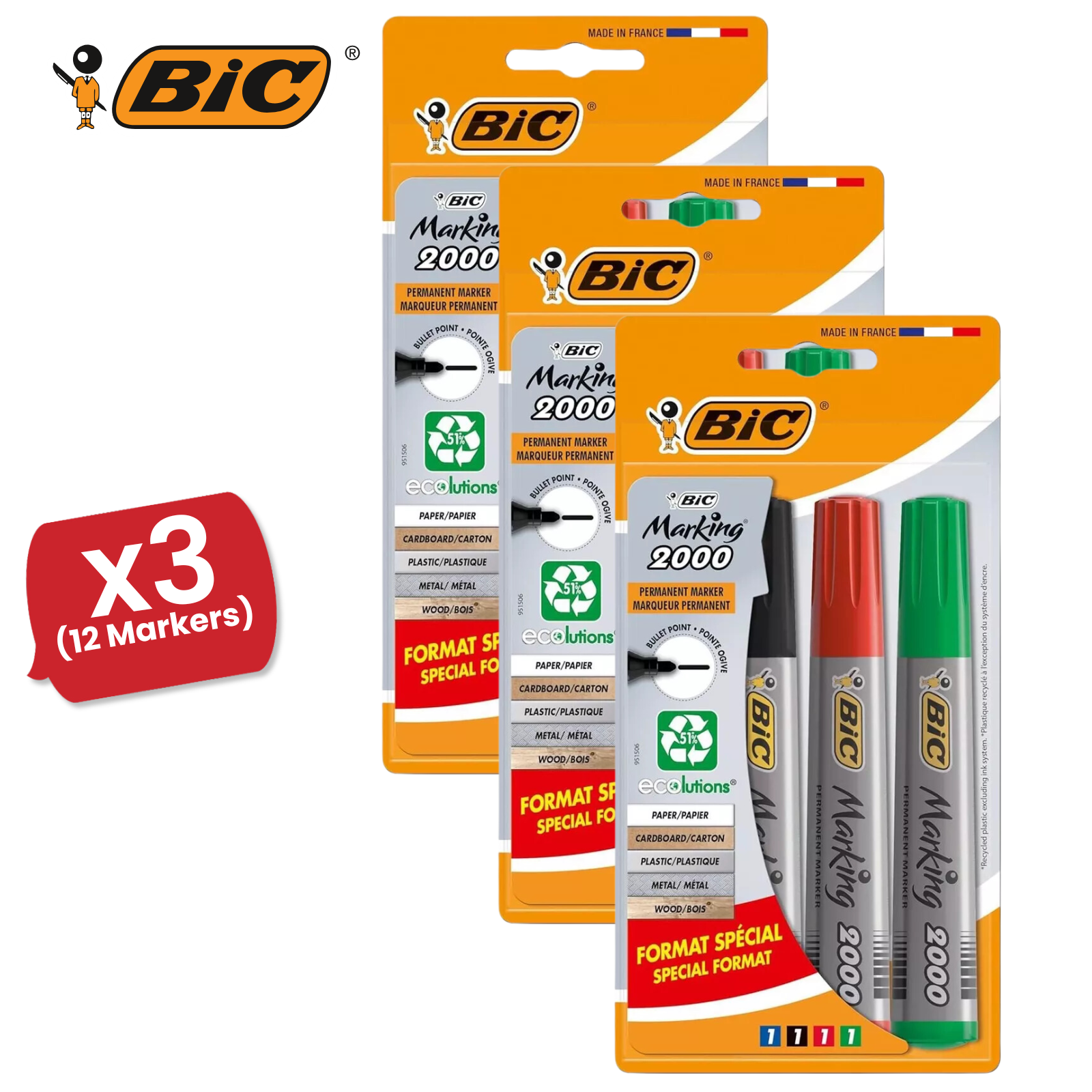 Bic 2000 Bullet Tip Permanent Marker( Black, Blue, Red, Green) Pack of 4 Markers - Picture 10 of 13
