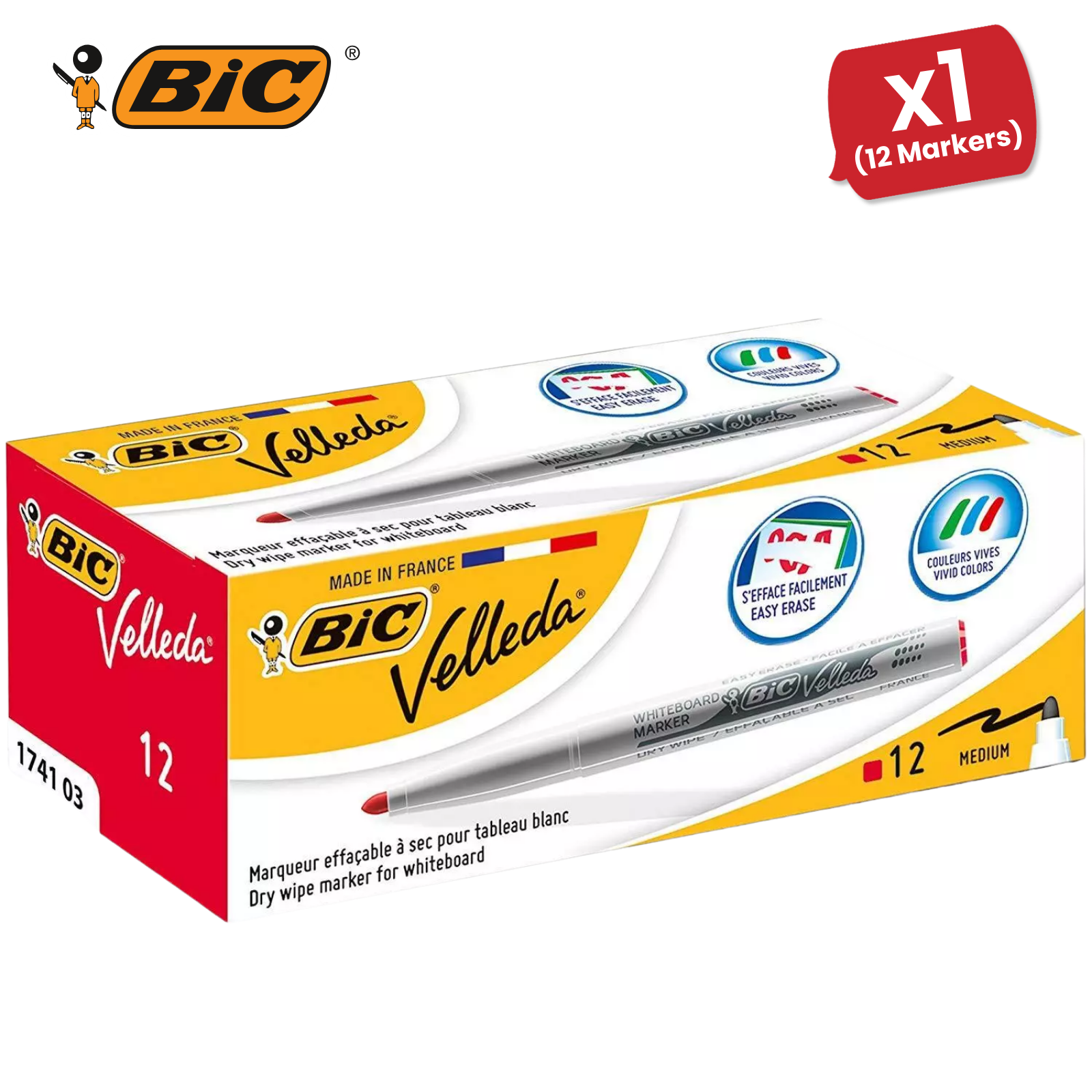 Bic Velleda 1741 Whiteboard Drywipe Markers Red – Long-Lasting Pens Box of 12 - Picture 9 of 13