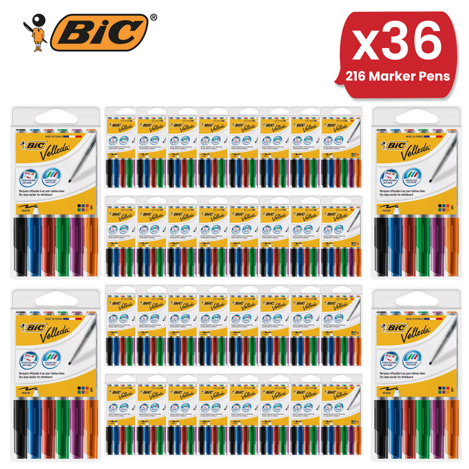 BIC Velleda Dry Wipe Whiteboard Markers Assorted Colors, Medium Tip - Pack of 6 - Picture 15 of 15