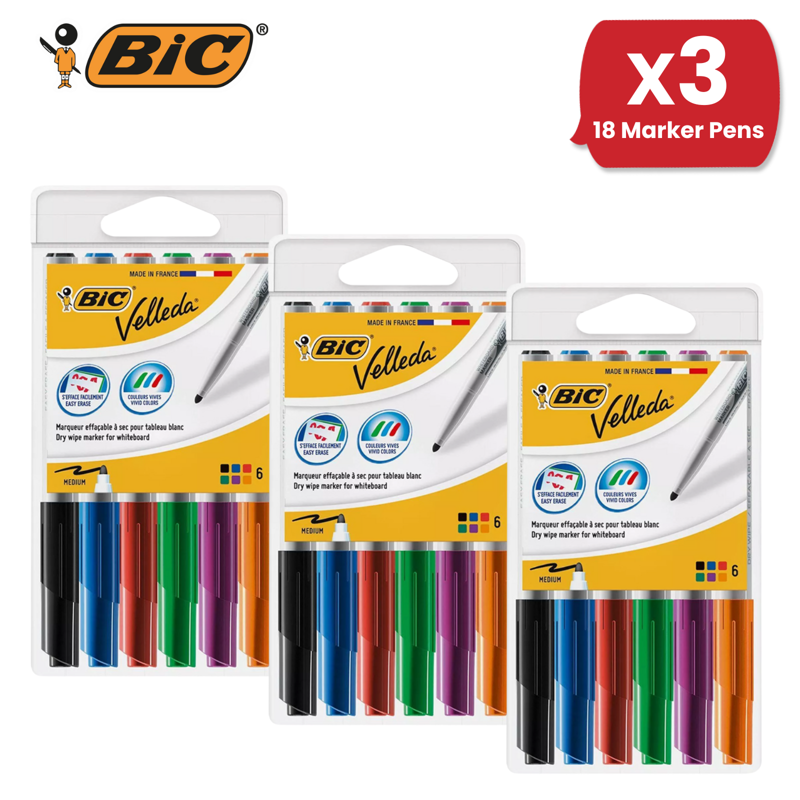 BIC Velleda Dry Wipe Whiteboard Markers Assorted Colors, Medium Tip - Pack of 6 - Picture 8 of 15