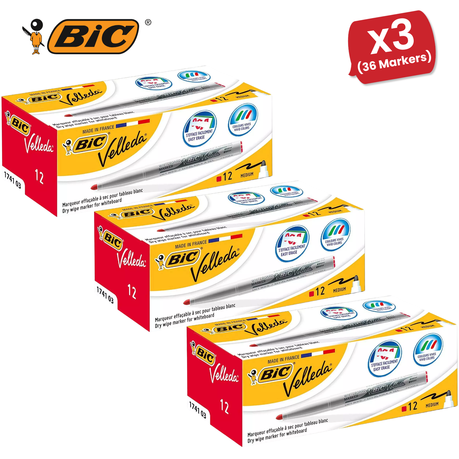 Bic Velleda 1741 Whiteboard Drywipe Markers Red – Long-Lasting Pens Box of 12 - Picture 11 of 13