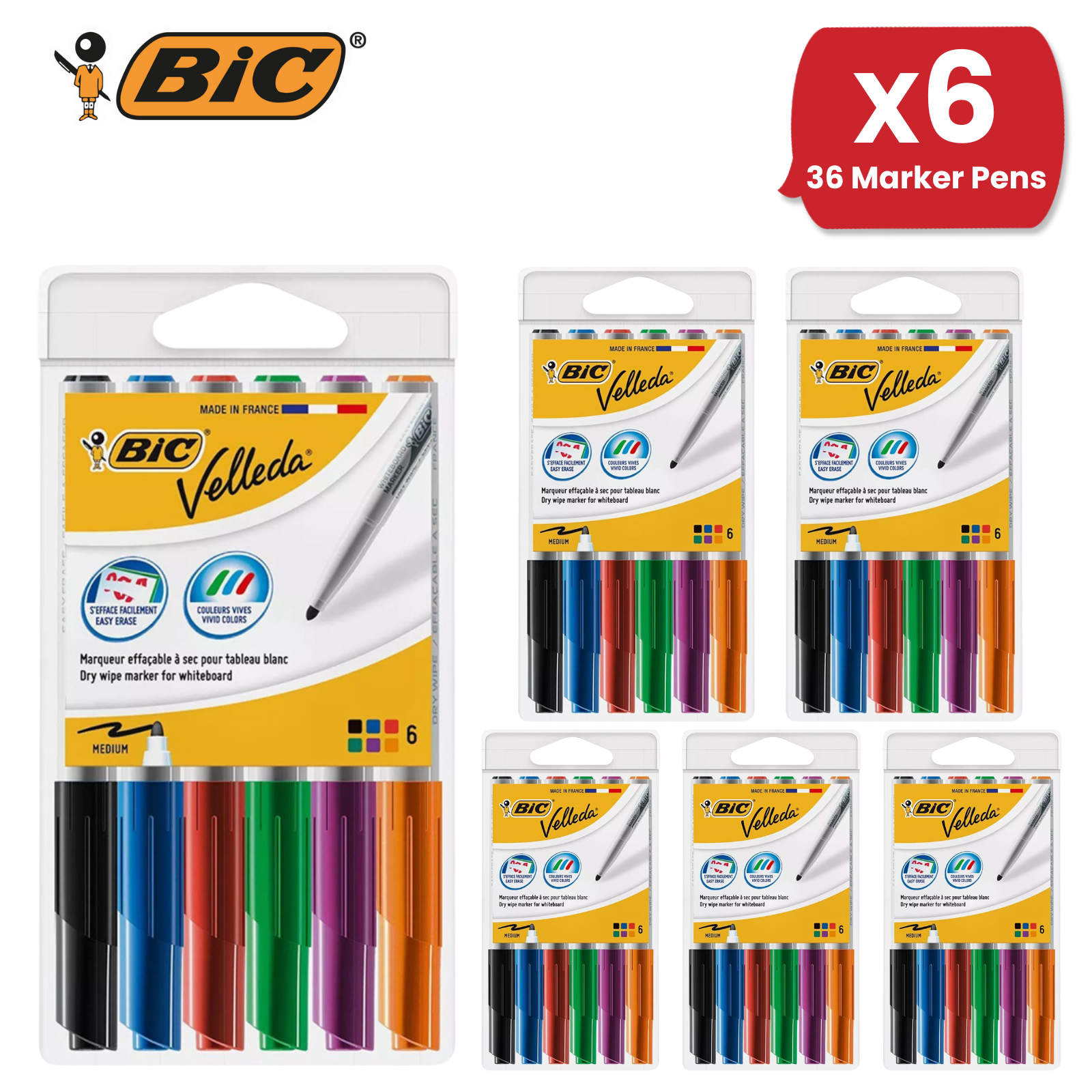 BIC Velleda Dry Wipe Whiteboard Markers Assorted Colors, Medium Tip - Pack of 6 - Picture 11 of 15