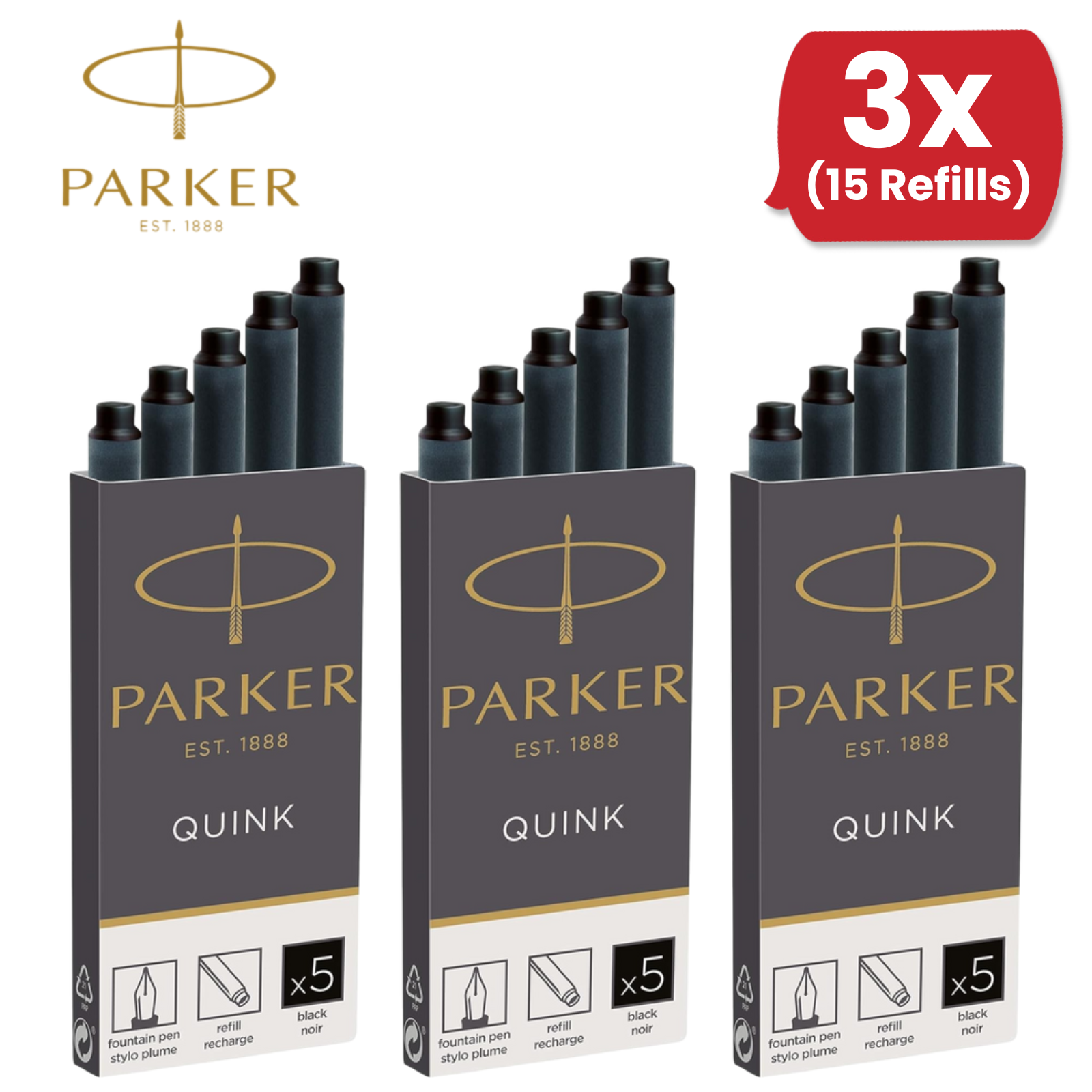Parker Quink Black Ink Cartridges Fountain Pen Refill, Smooth Flow - Box of 5 - Picture 8 of 11