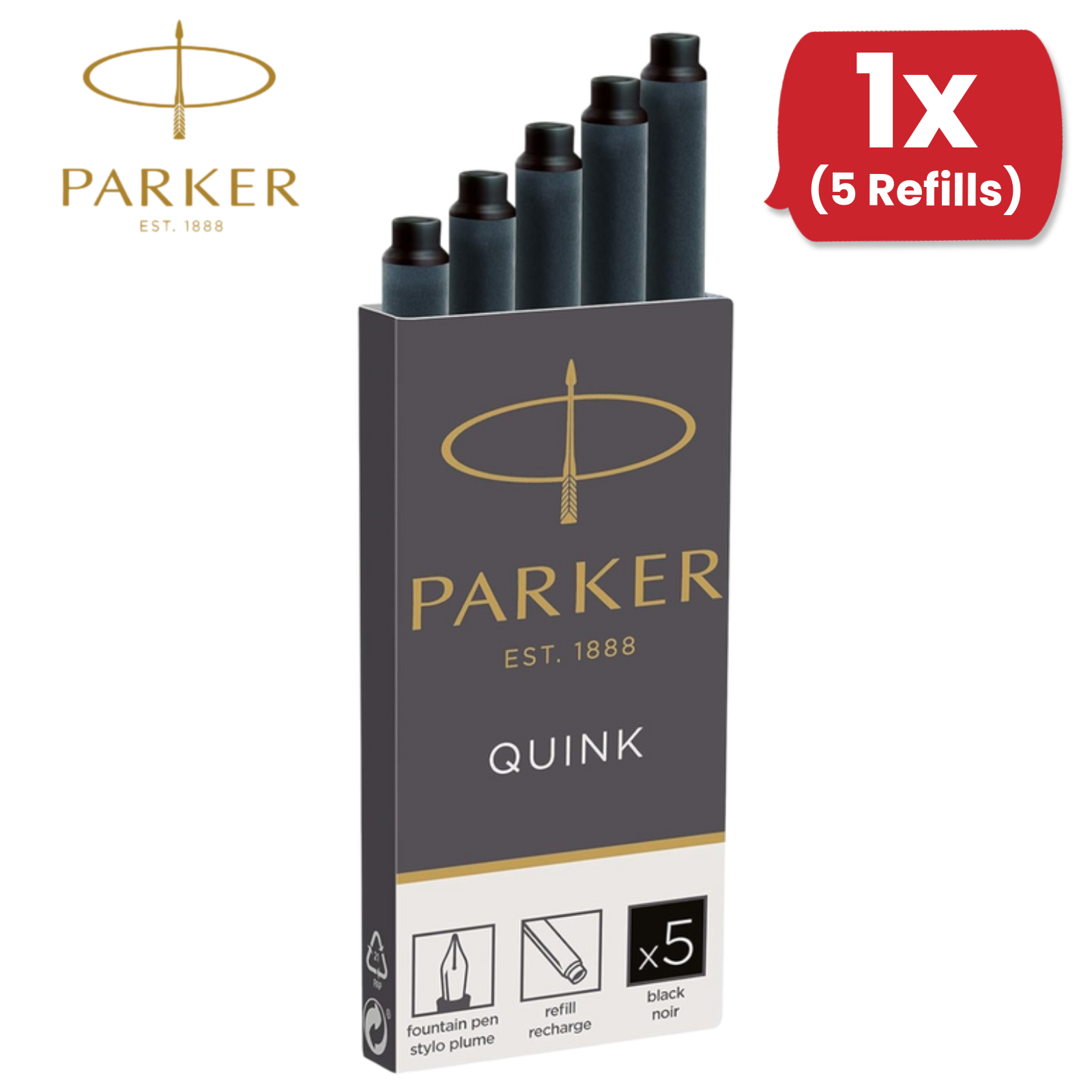Parker Quink Black Ink Cartridges Fountain Pen Refill, Smooth Flow - Box of 5 - Picture 6 of 11