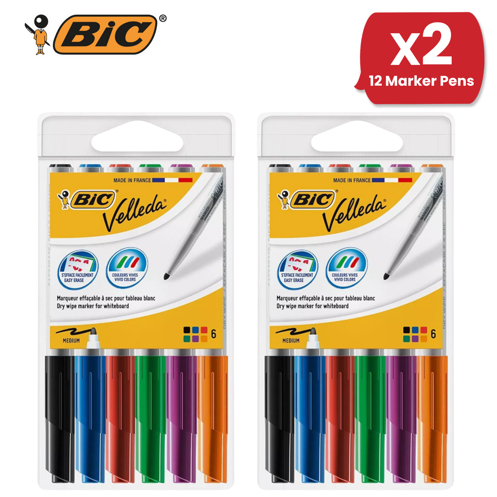 BIC Velleda Dry Wipe Whiteboard Markers Assorted Colors, Medium Tip - Pack of 6 - Picture 7 of 15