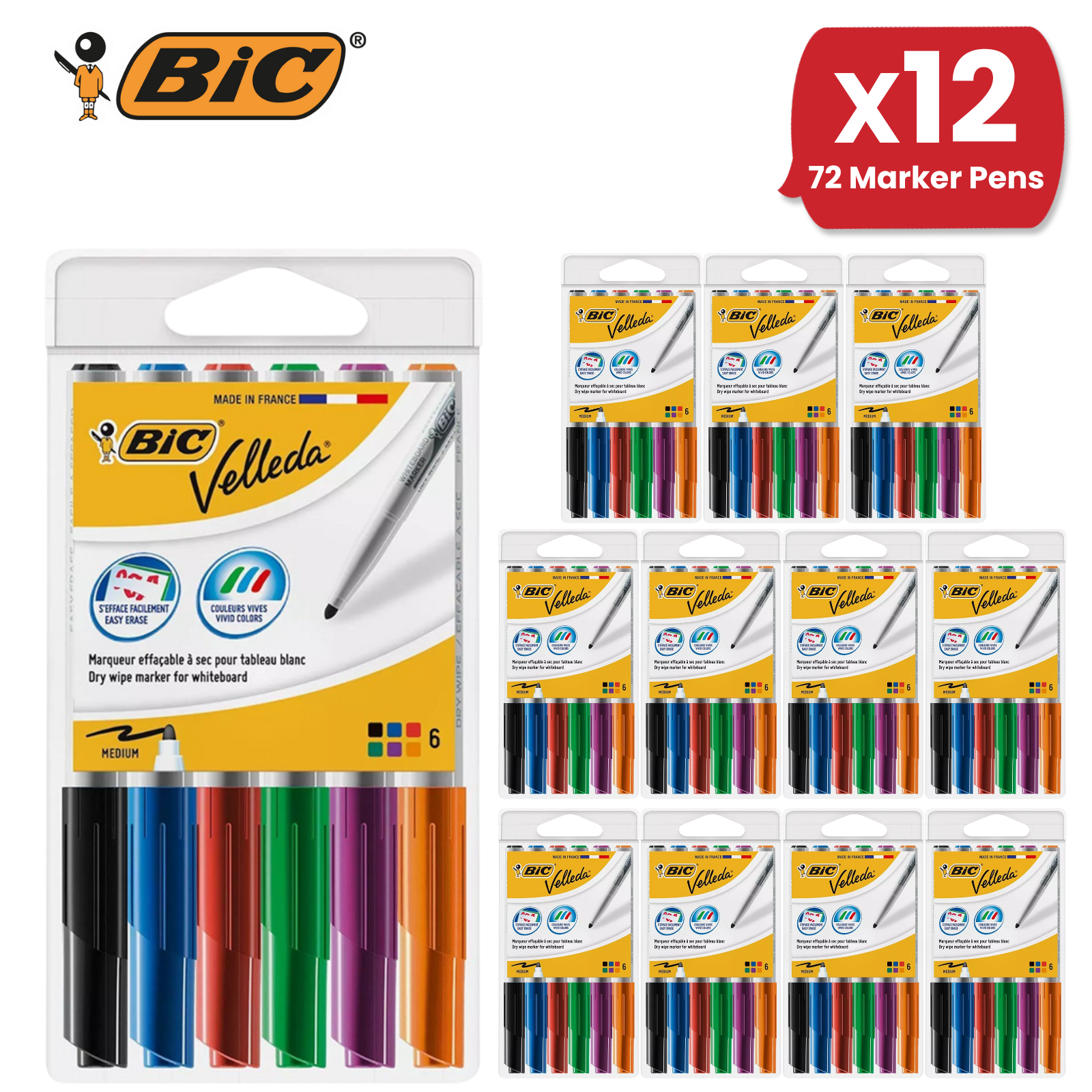 BIC Velleda Dry Wipe Whiteboard Markers Assorted Colors, Medium Tip - Pack of 6 - Picture 13 of 15