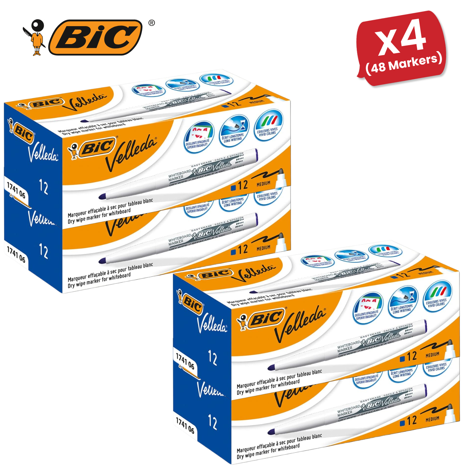 Bic Velleda 1741 Blue Whiteboard Markers for Smooth Whiteboard Writing Box of 12 - Picture 12 of 13