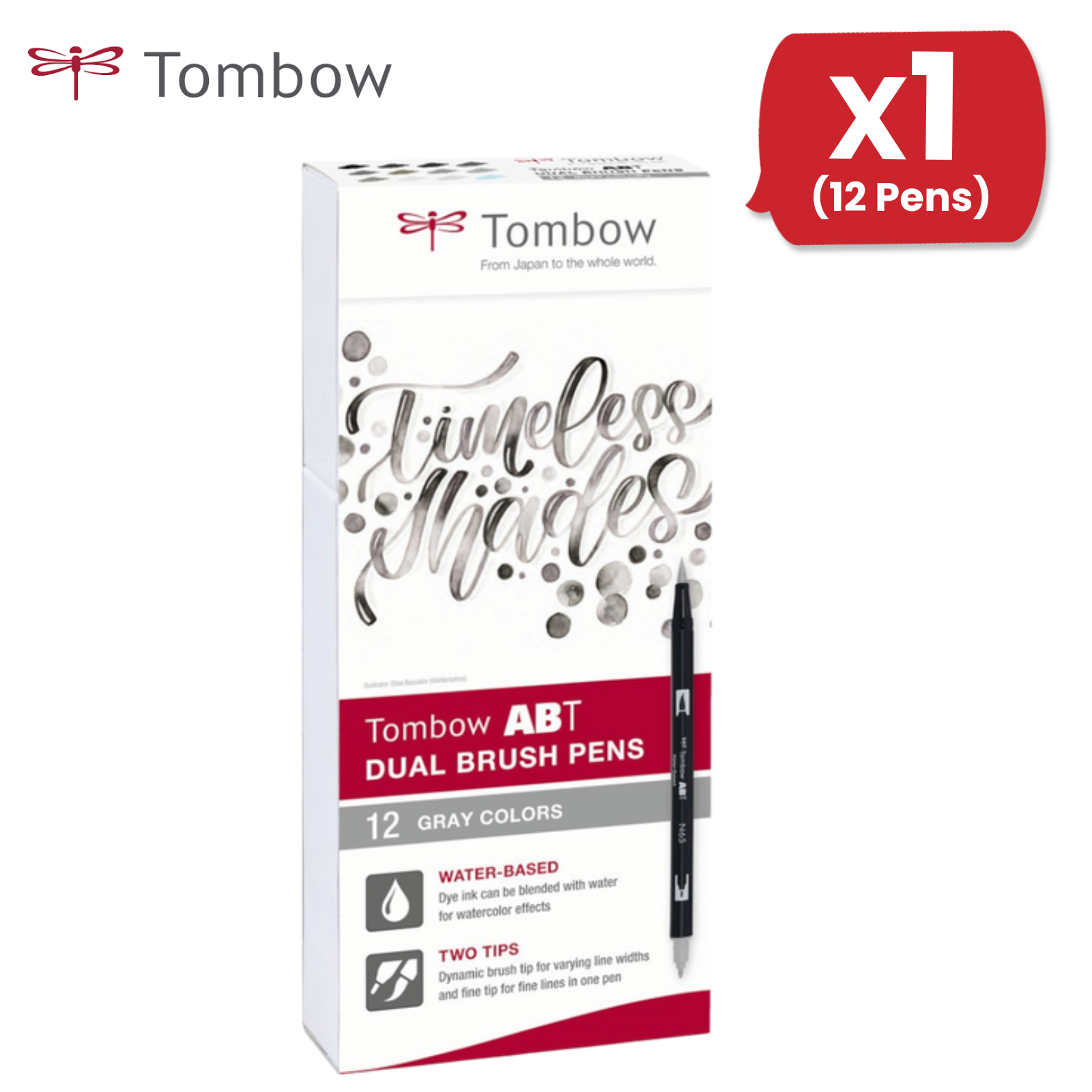Tombow ABT Dual Brush Pens Two Tips - 12 Gray Colors, Water-Based - Pack of 12