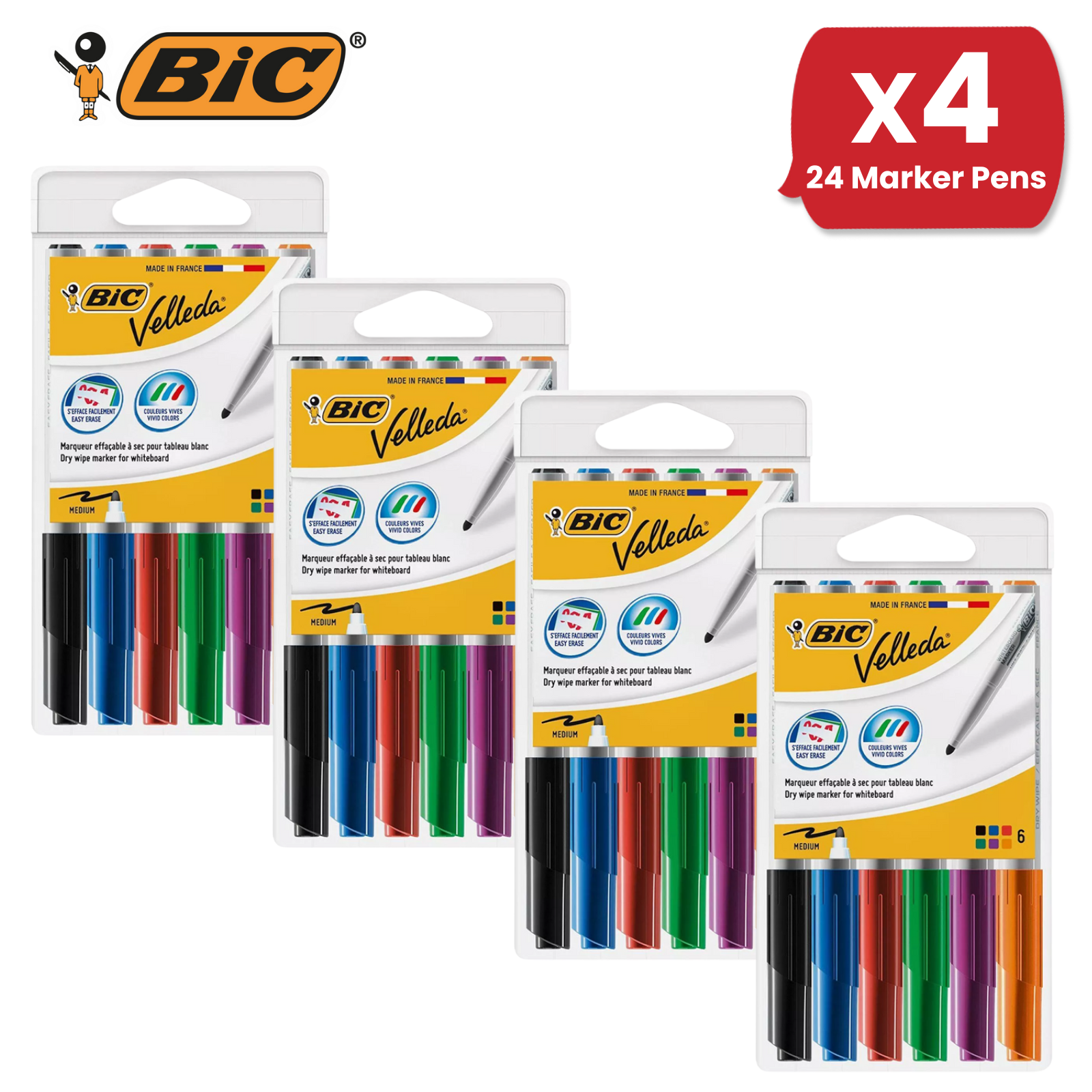 BIC Velleda Dry Wipe Whiteboard Markers Assorted Colors, Medium Tip - Pack of 6 - Picture 9 of 15