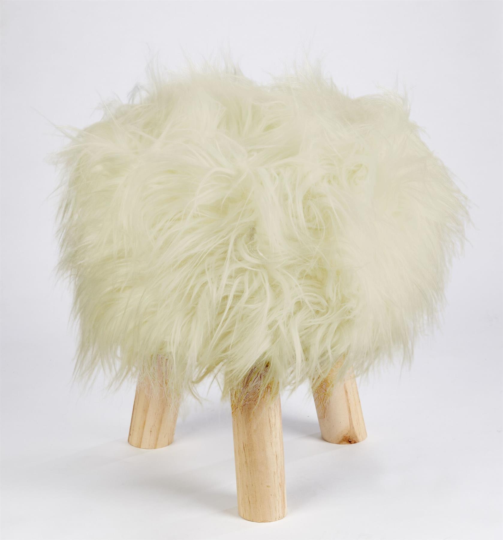 Mongolian Faux Fur Foot Stool Wooden Leg Pouffe Scandi Round Circular Footstools - Picture 8 of 17