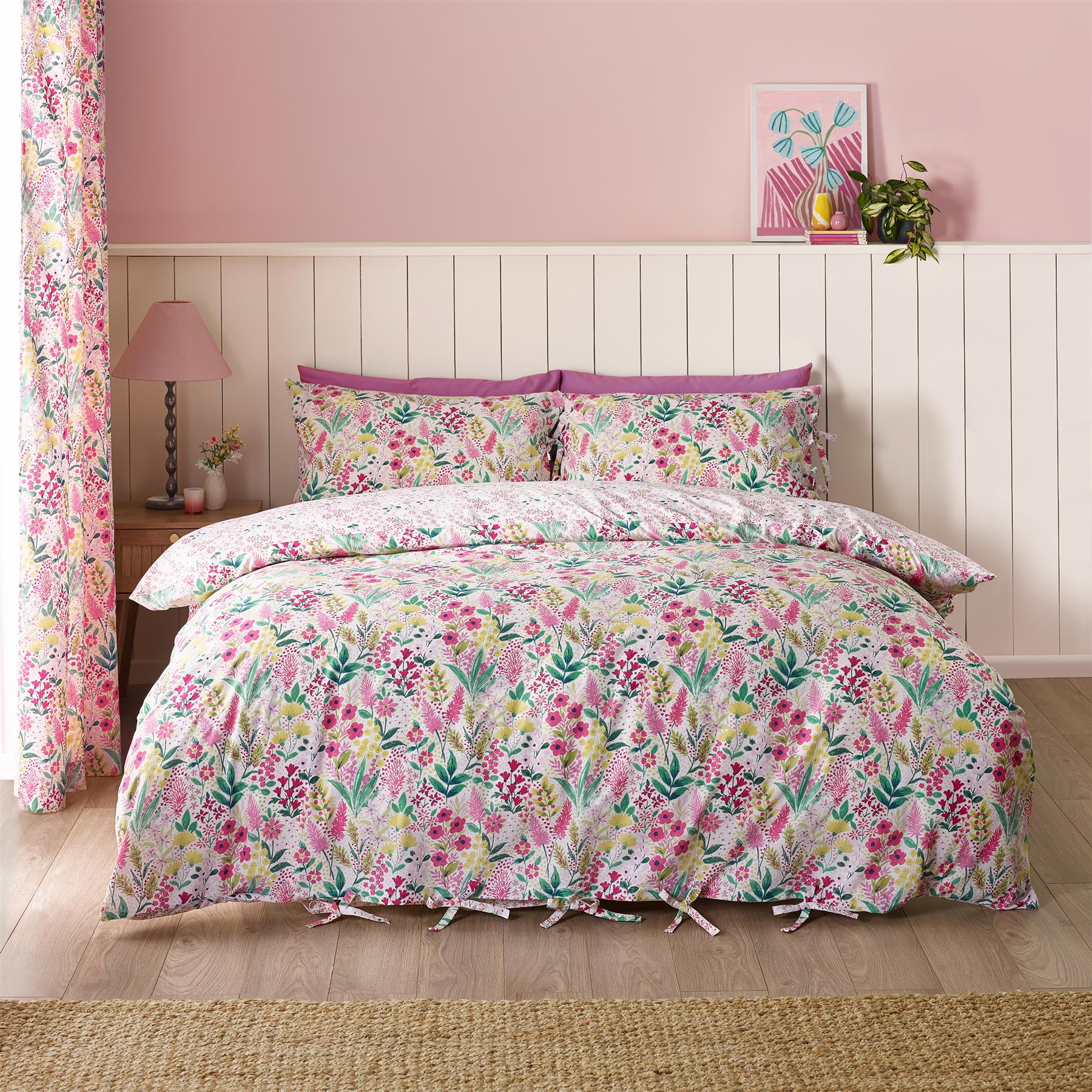 Catherine Lansfield Tilly Floral Duvet Cover Set Curtains Bedspread Reversible - Picture 27 of 44