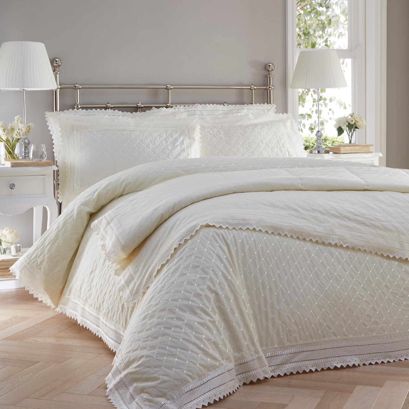 Balmoral Broderie Anglaise Quilted Bedspread Throw Throwover Set 3 Colours - Picture 3 of 10