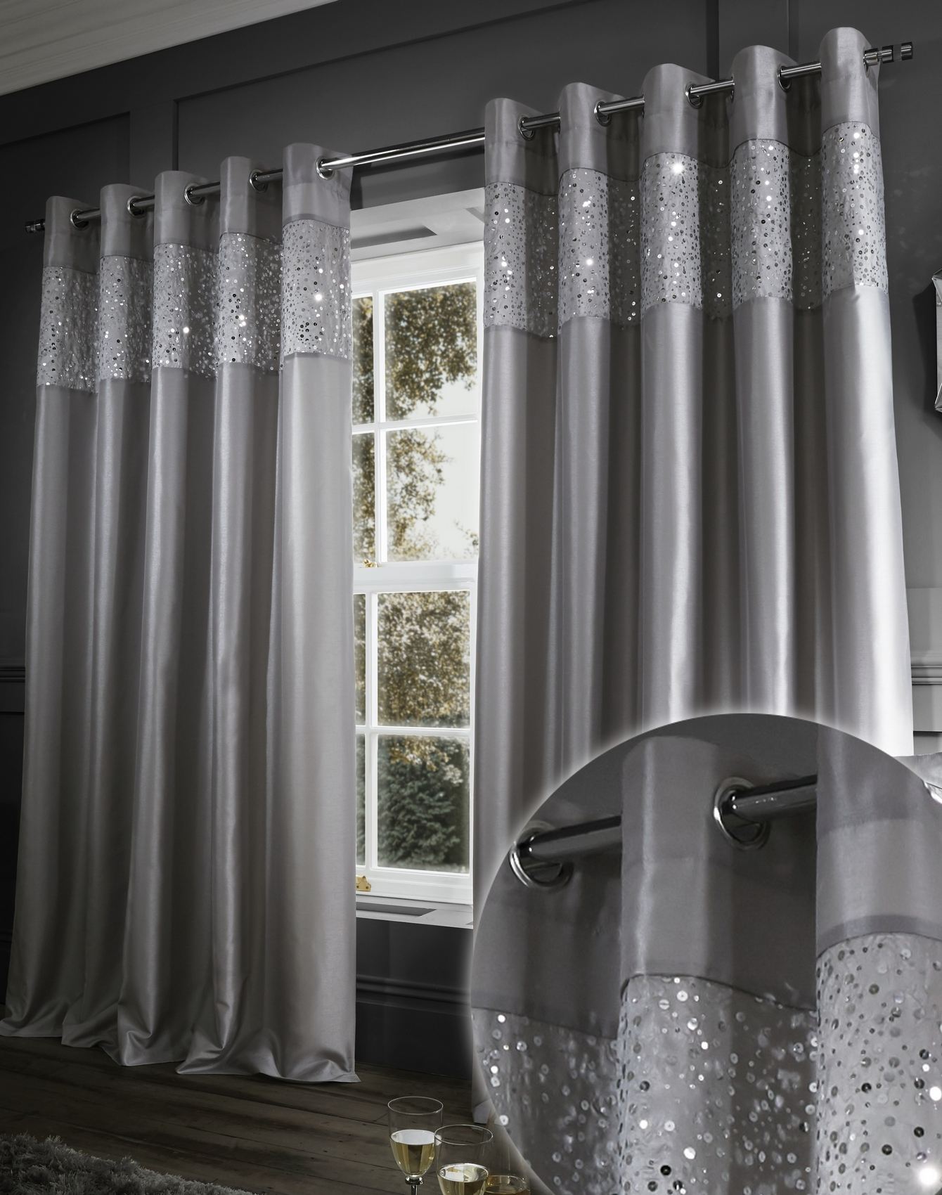 Catherine Lansfield Glitzy Eyelet Curtain Pair Fully Lined Or Cushion Cover New - Picture 7 of 16