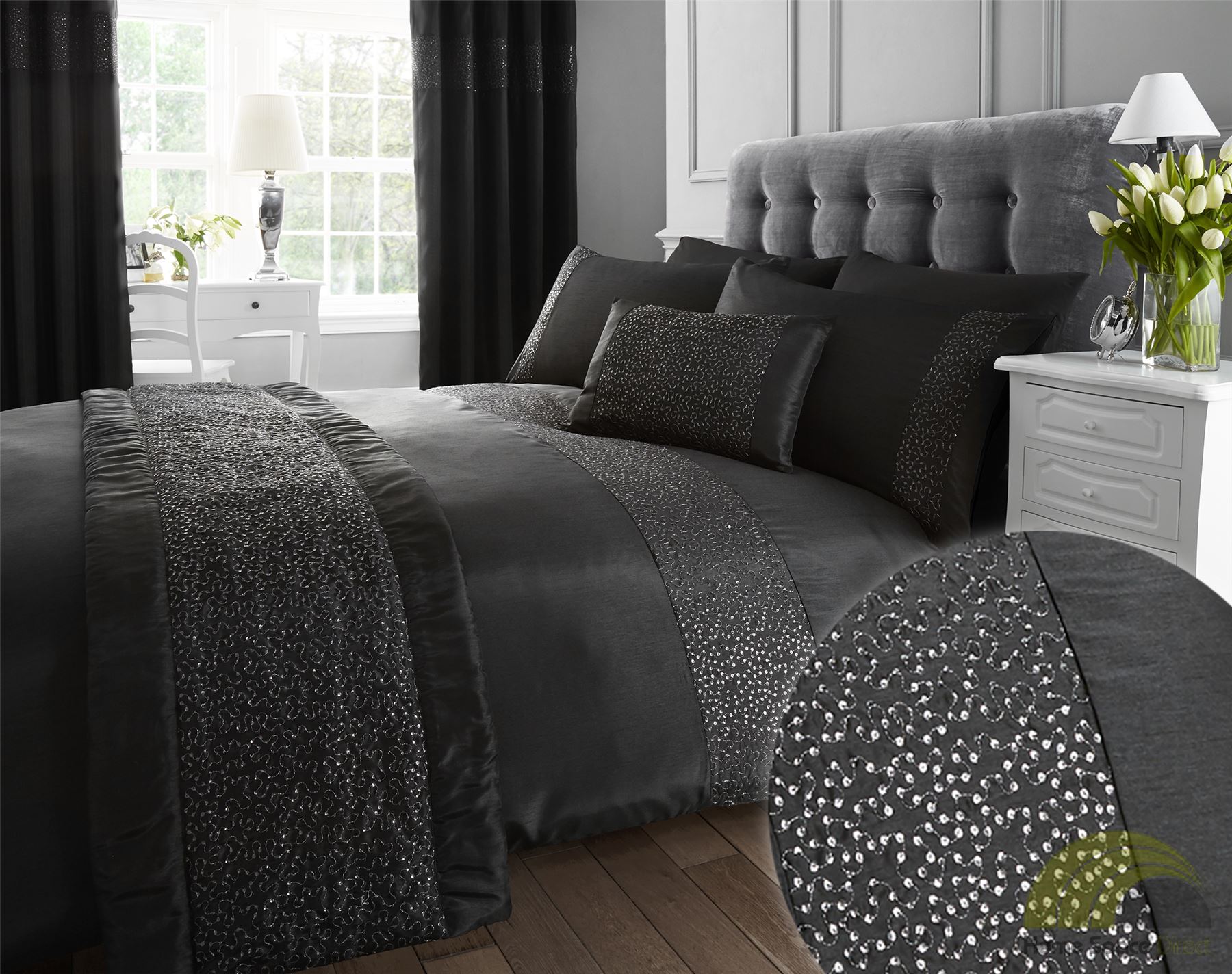 Quilt Duvet Cover & Pillowcase Bedding Bed Sets Sequined Cream Black 3