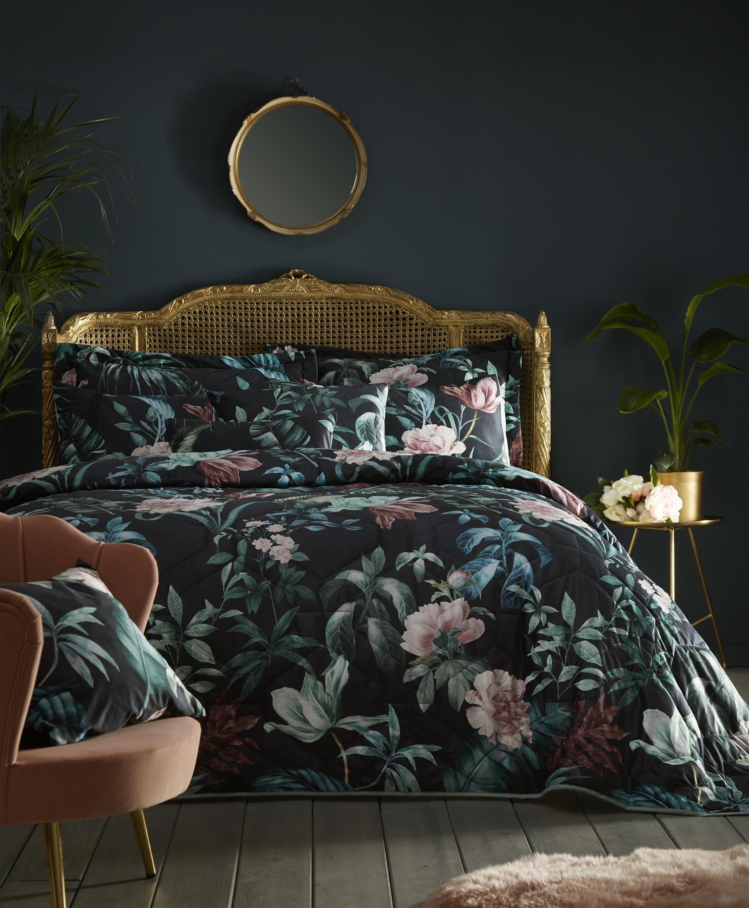 Heligan Duvet Cover Set Or Throwover Bedspread Set Floral Black Bedding